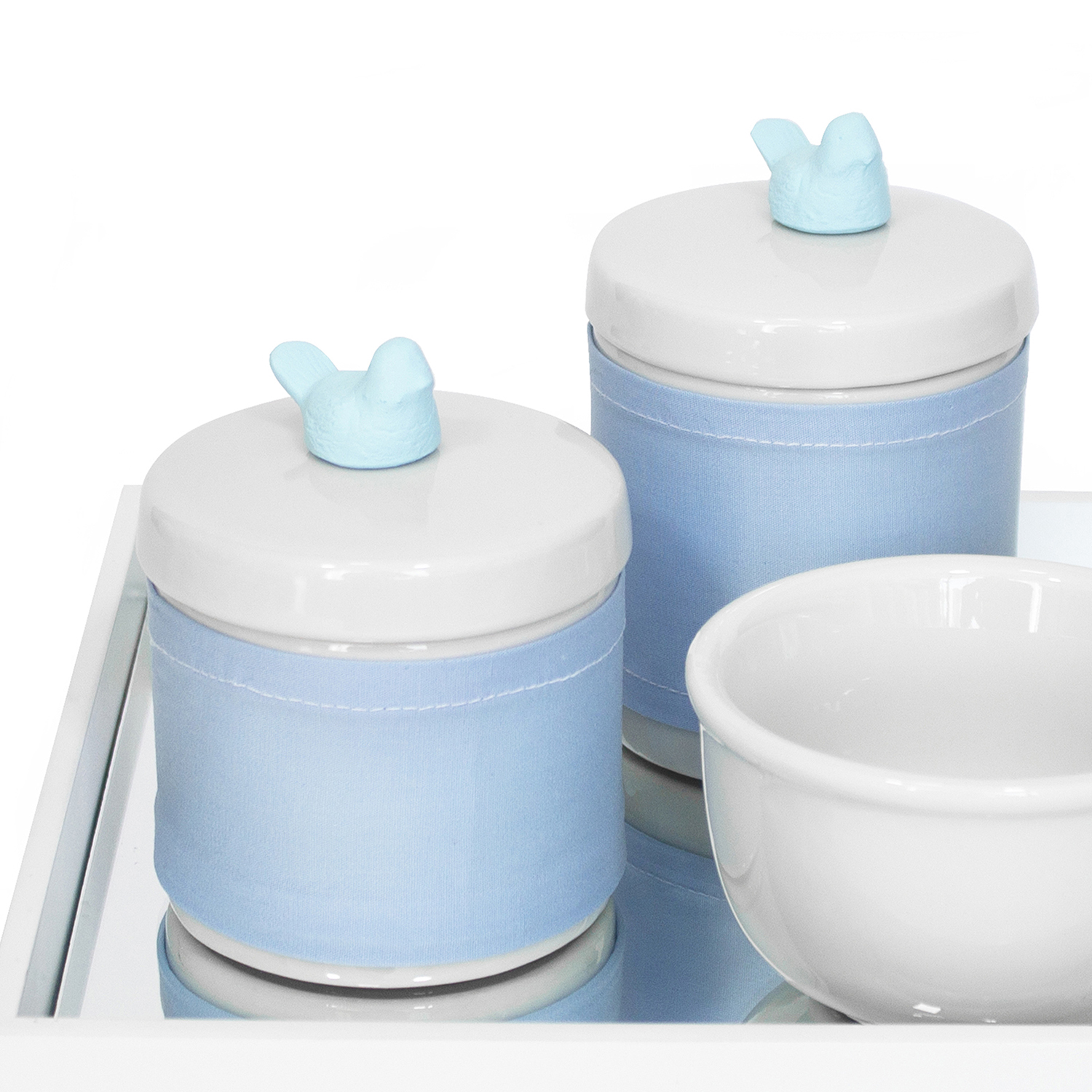 Kit Higiene Espelho Potes, Molhadeira e Capa Passarinho Azul Quarto Bebê Menino