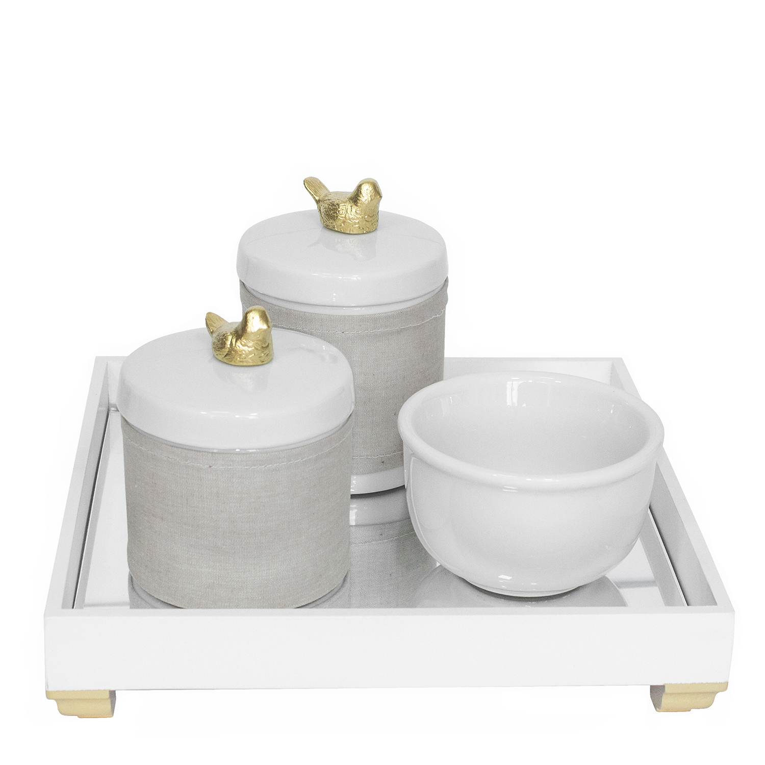 Kit Higiene Espelho Potes, Molhadeira e Capa Passarinho Dourado Quarto Bebê Unissex