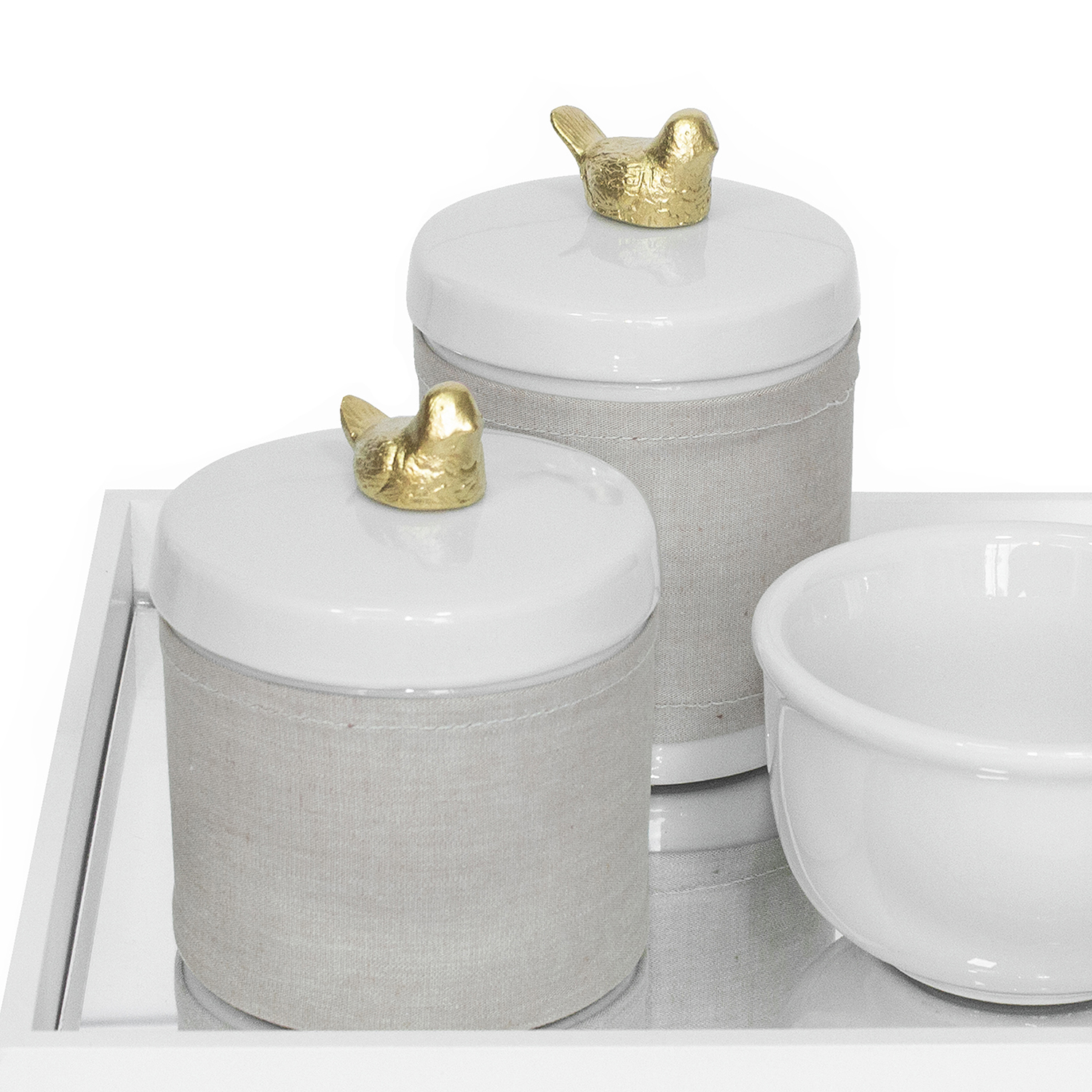 Kit Higiene Espelho Potes, Molhadeira e Capa Passarinho Dourado Quarto Bebê Unissex