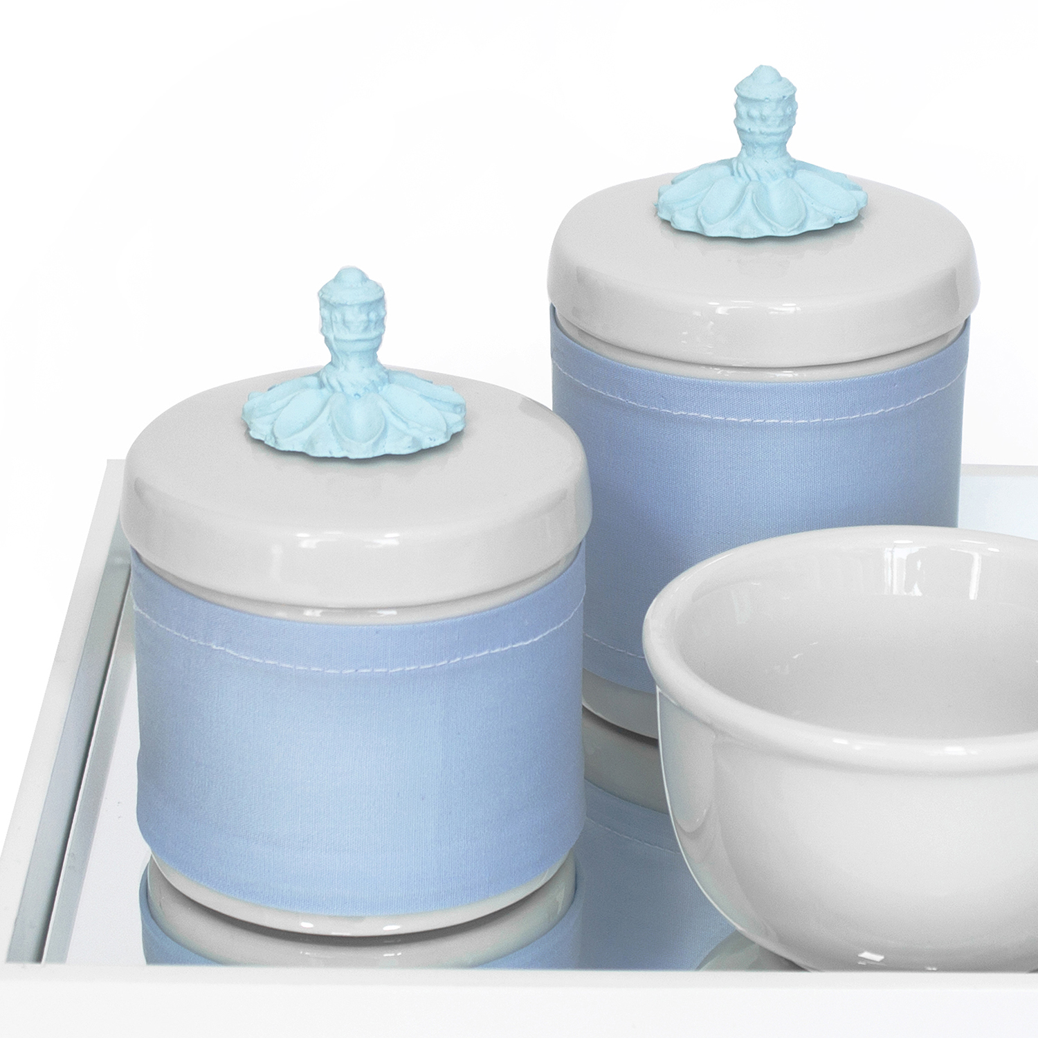 Kit Higiene Espelho Potes, Molhadeira e Capa Provençal Azul Quarto Bebê Menino