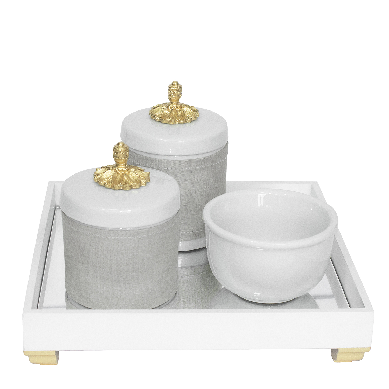 Kit Higiene Espelho Potes, Molhadeira e Capa Provençal Dourado Quarto Bebê Unissex