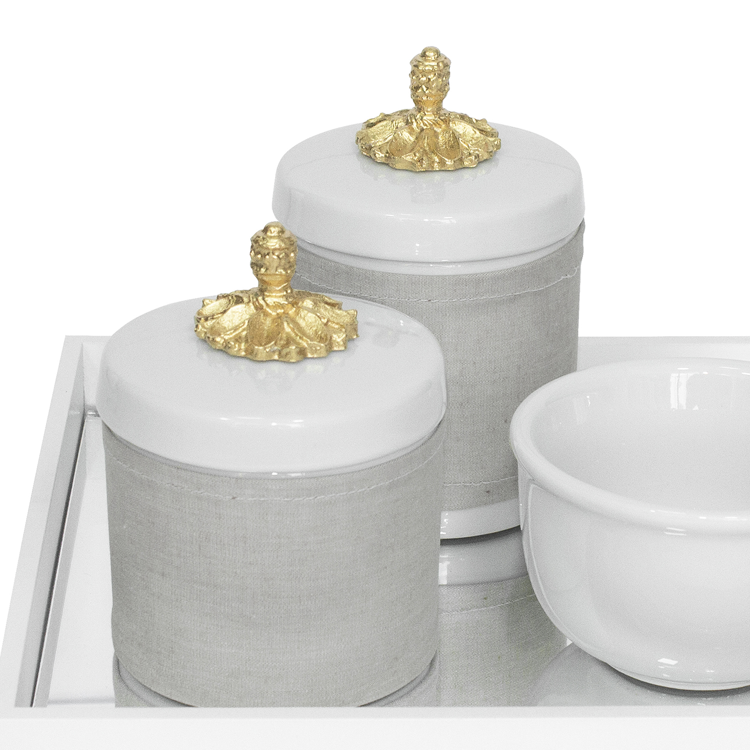 Kit Higiene Espelho Potes, Molhadeira e Capa Provençal Dourado Quarto Bebê Unissex