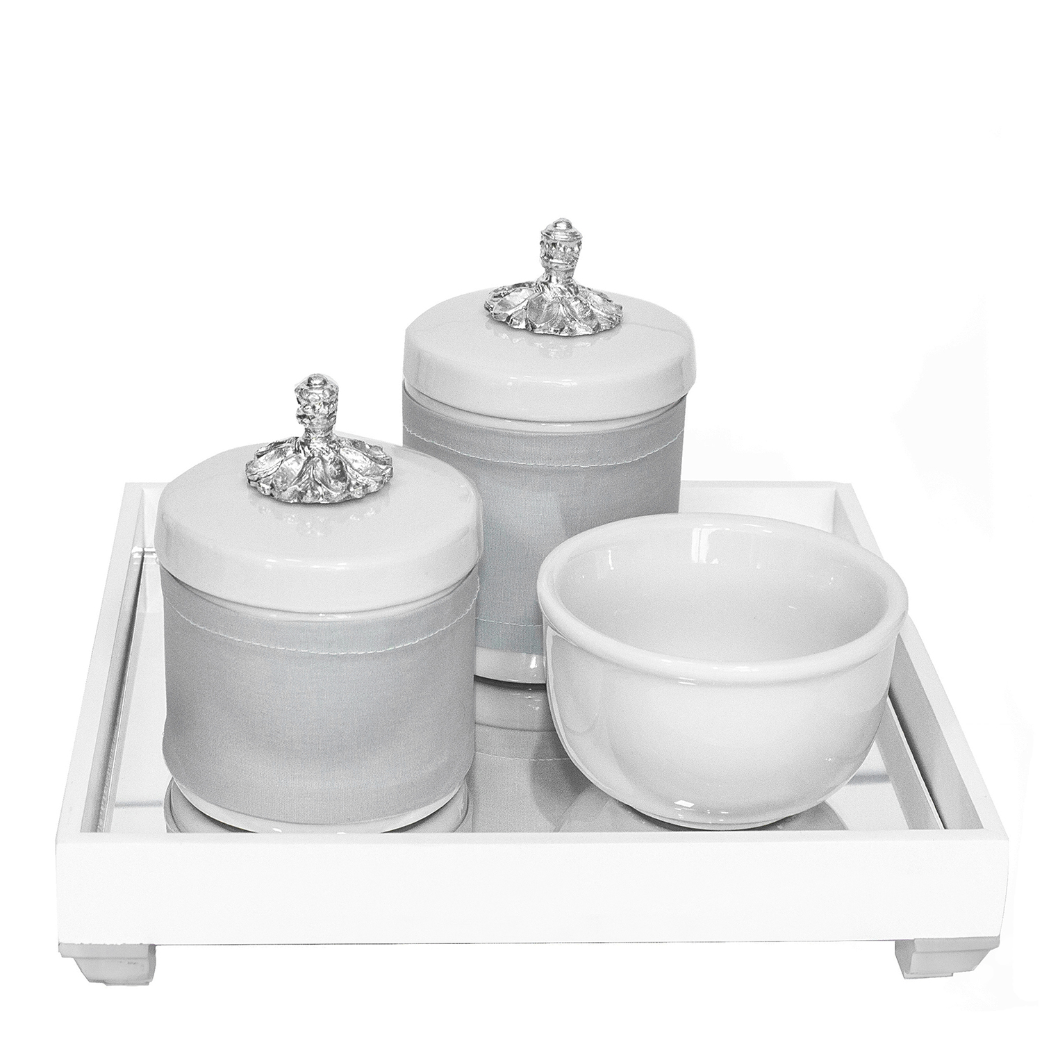 Kit Higiene Espelho Potes, Molhadeira e Capa Provençal Prata Quarto Bebê Unissex