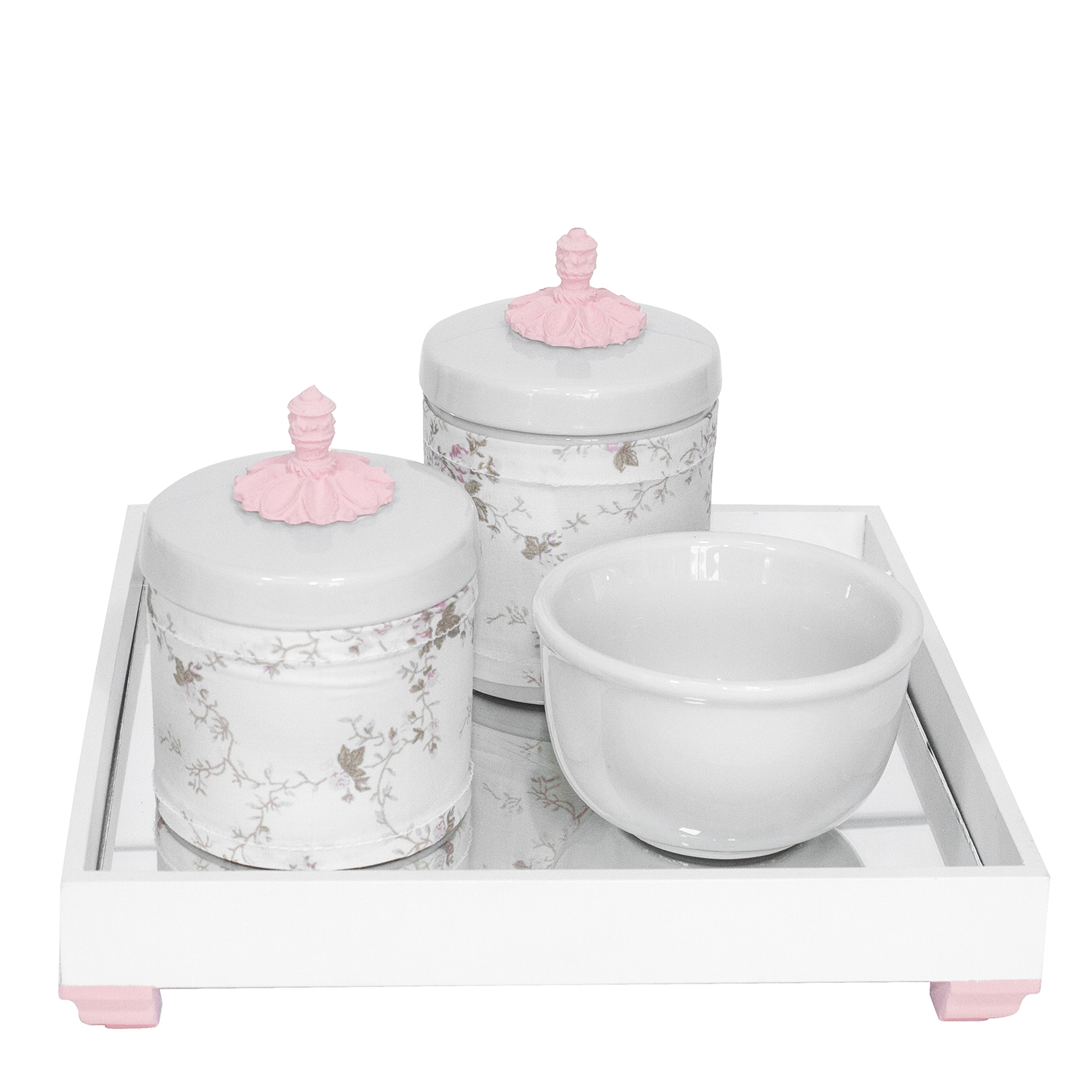 Kit Higiene Espelho Potes, Molhadeira e Capa Provençal Rosa Quarto Bebê Menina