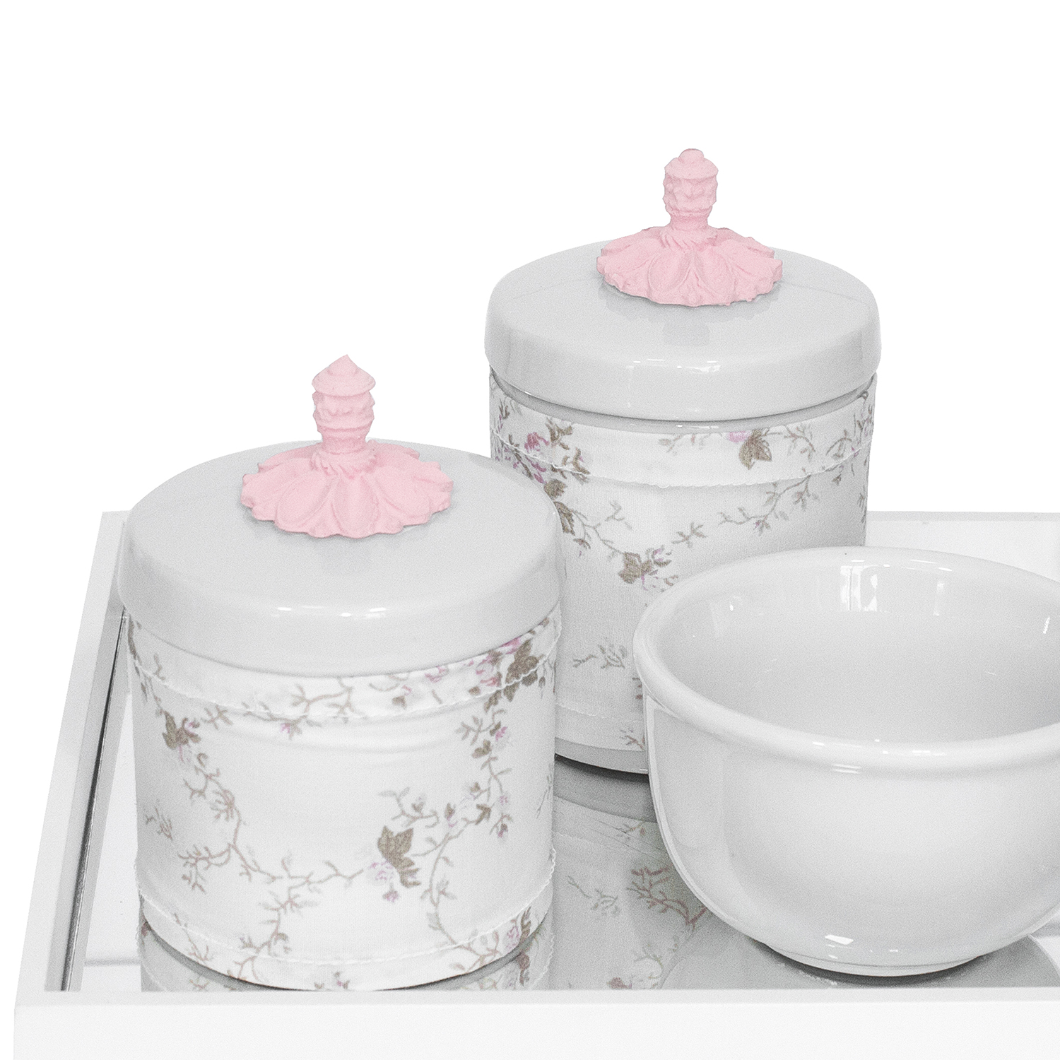 Kit Higiene Espelho Potes, Molhadeira e Capa Provençal Rosa Quarto Bebê Menina