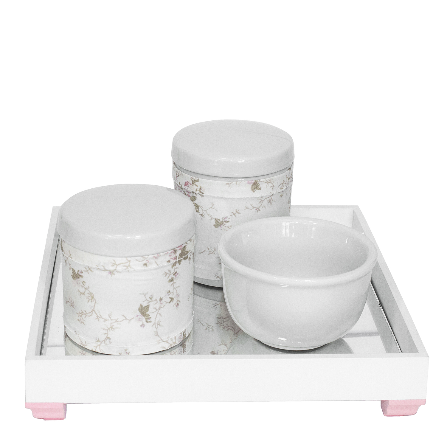 Kit Higiene Espelho Potes, Molhadeira e Capa Rosa Quarto Bebê Menina