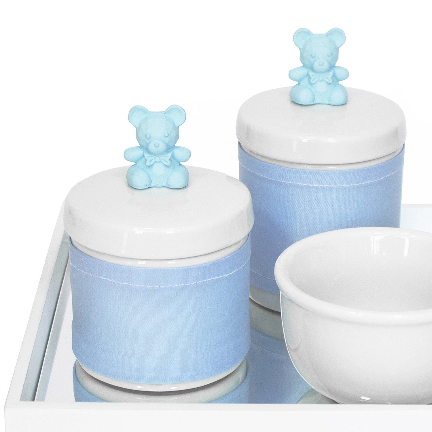 Kit Higiene Espelho Potes, Molhadeira e Capa Ursinho Azul Quarto Bebê Menino