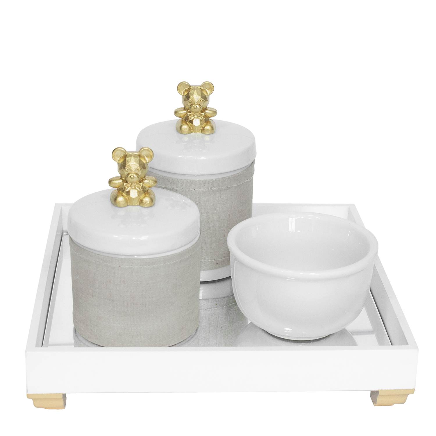 Kit Higiene Espelho Potes, Molhadeira e Capa Ursinho Dourado Quarto Bebê Unissex