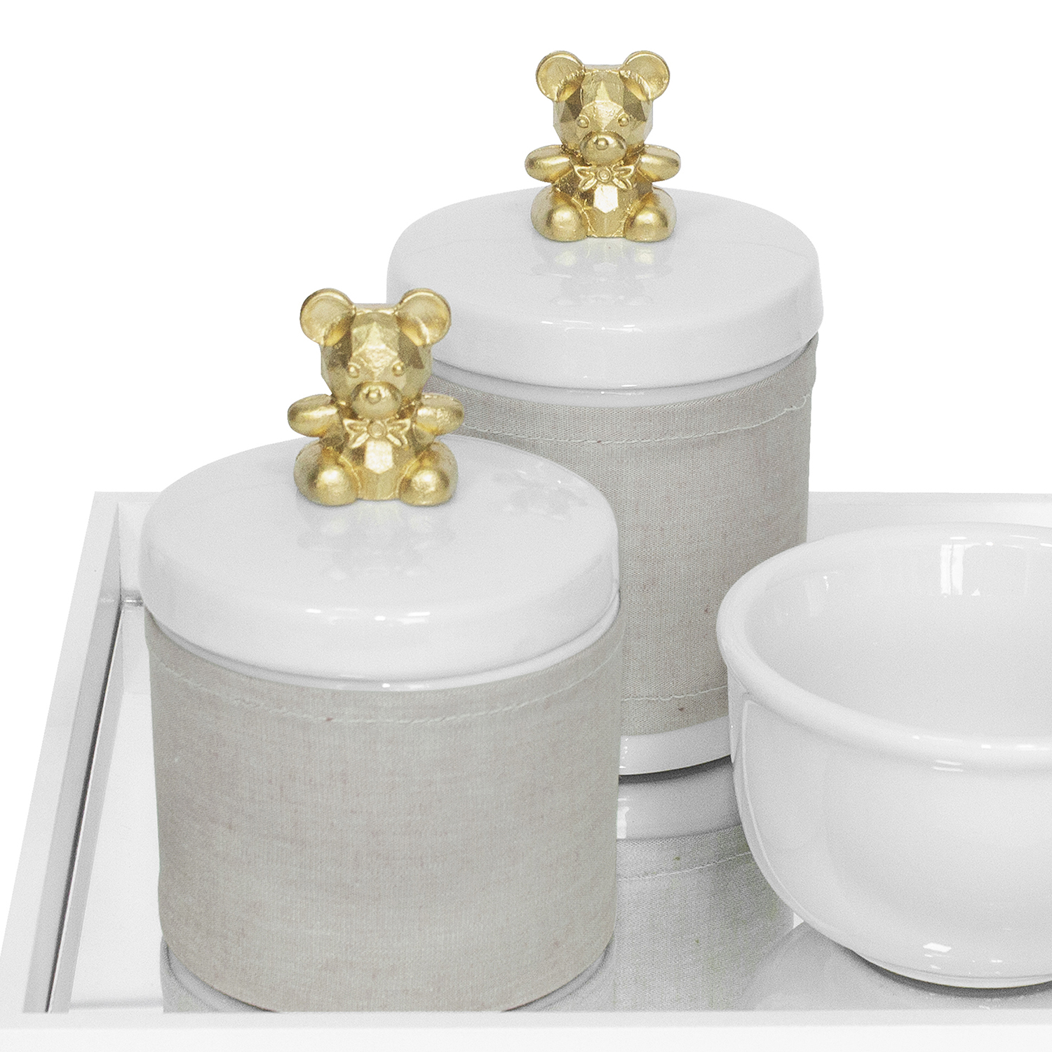 Kit Higiene Espelho Potes, Molhadeira e Capa Ursinho Dourado Quarto Bebê Unissex