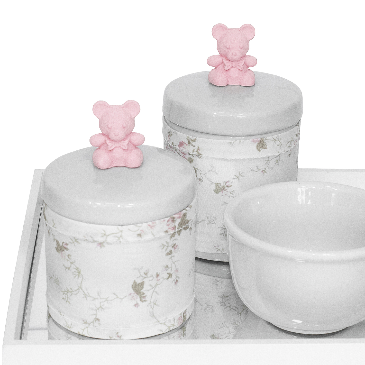 Kit Higiene Espelho Potes, Molhadeira e Capa Ursinho Rosa Quarto Bebê Menina
