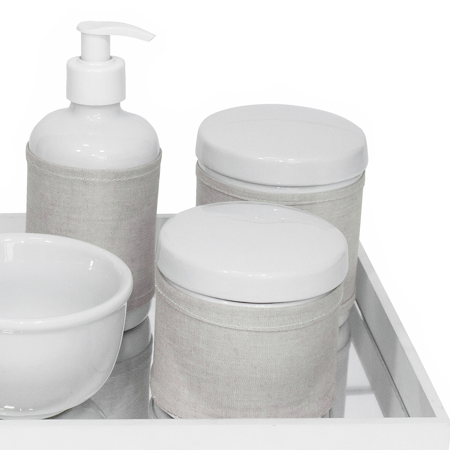 Kit Higiene Espelho Potes, Molhadeira, Porta Álcool-Gel e Capa Branco Quarto Bebê Unissex