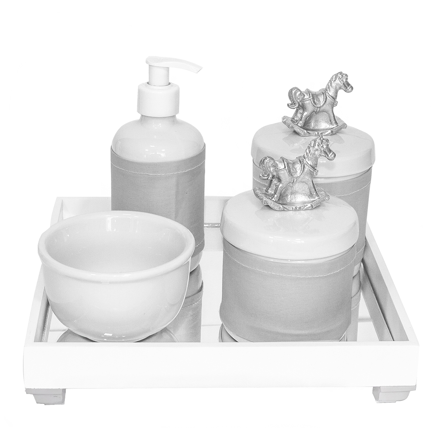 Kit Higiene Espelho Potes, Molhadeira, Porta Álcool-Gel e Capa Cavalinho Prata Quarto Bebê Unissex