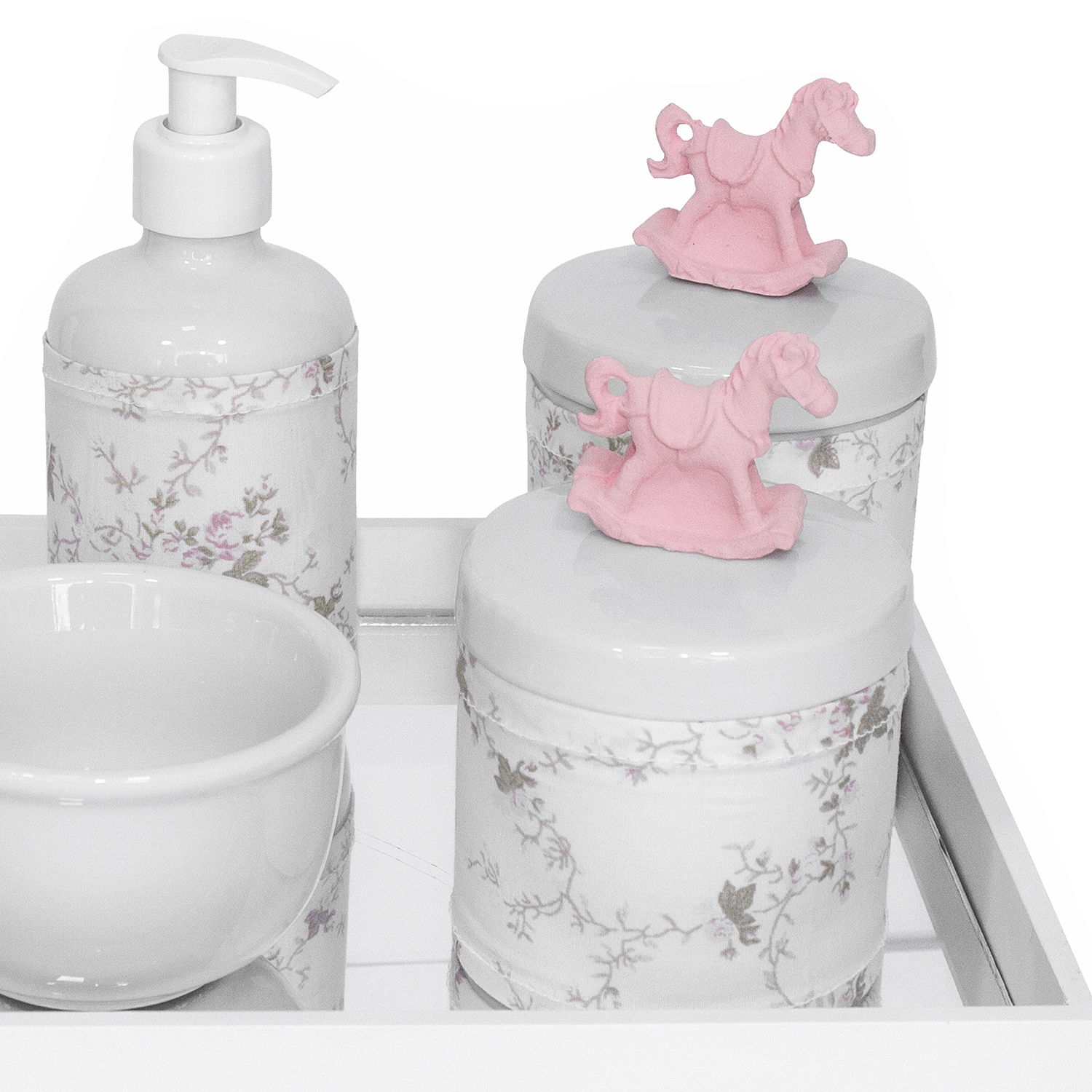 Kit Higiene Espelho Potes, Molhadeira, Porta Álcool-Gel e Capa Cavalinho Rosa Quarto Bebê Menina