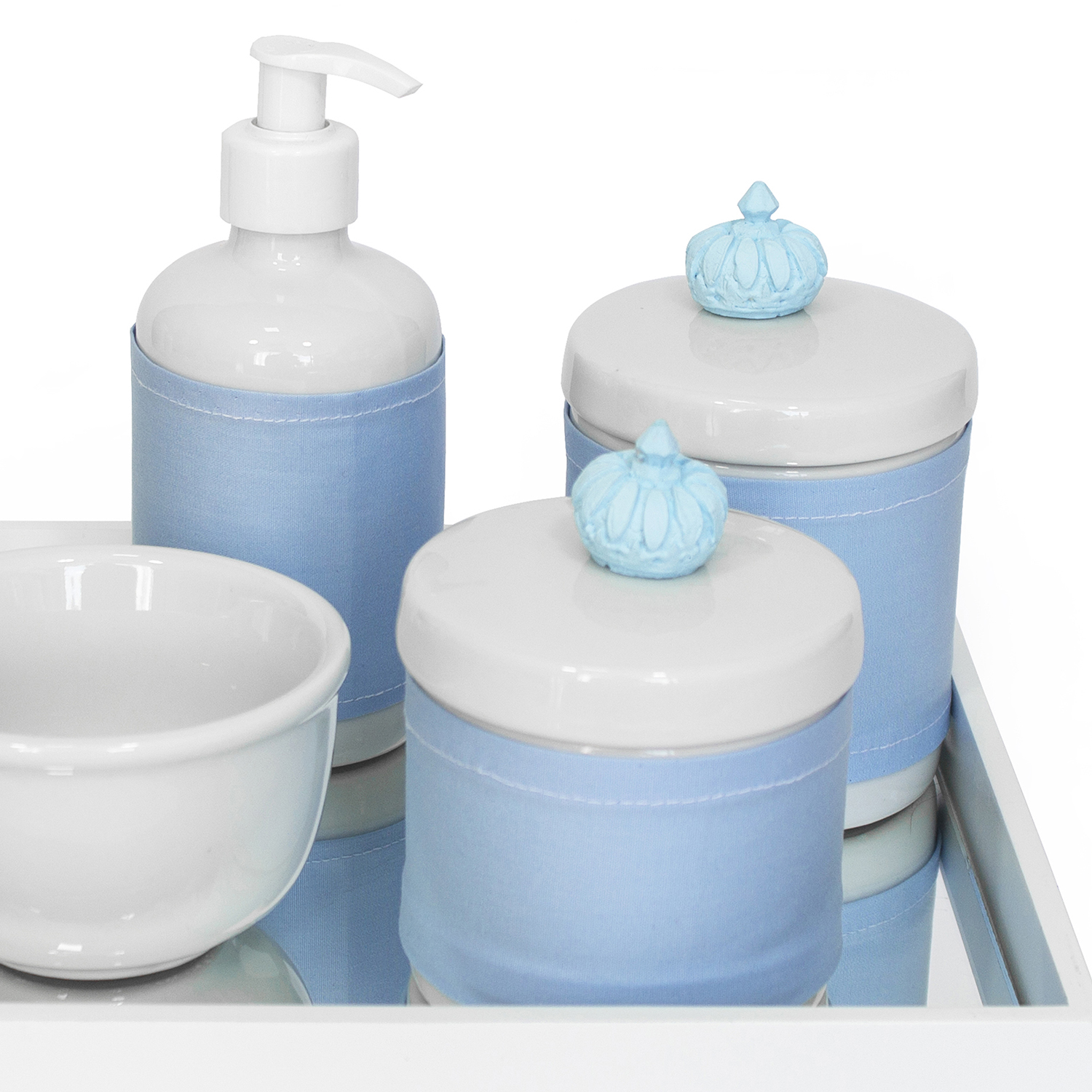 Kit Higiene Espelho Potes, Molhadeira, Porta Álcool-Gel e Capa Coroa Azul Quarto Bebê Menino