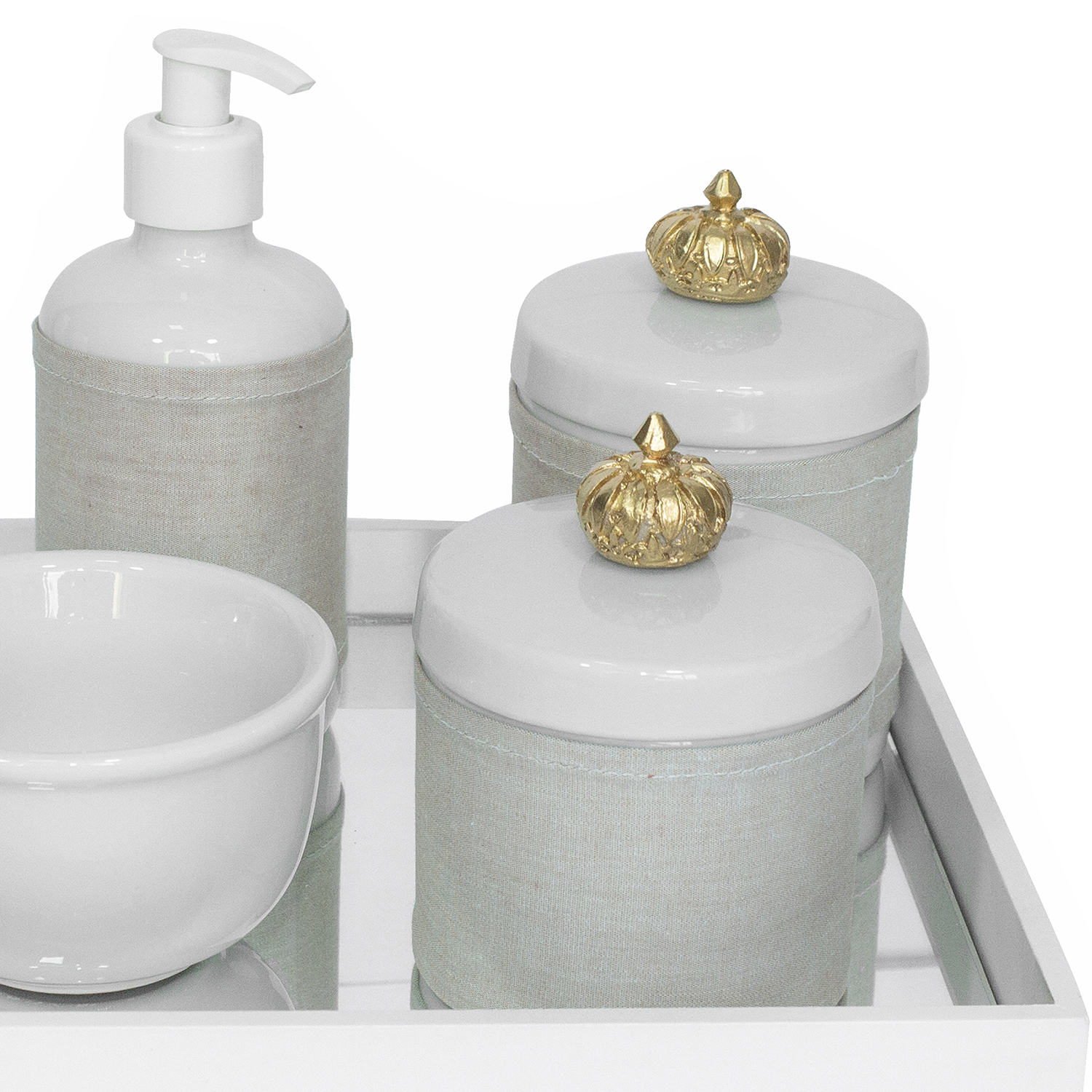 Kit Higiene Espelho Potes, Molhadeira, Porta Álcool-Gel e Capa Coroa Dourado Quarto Bebê Unissex