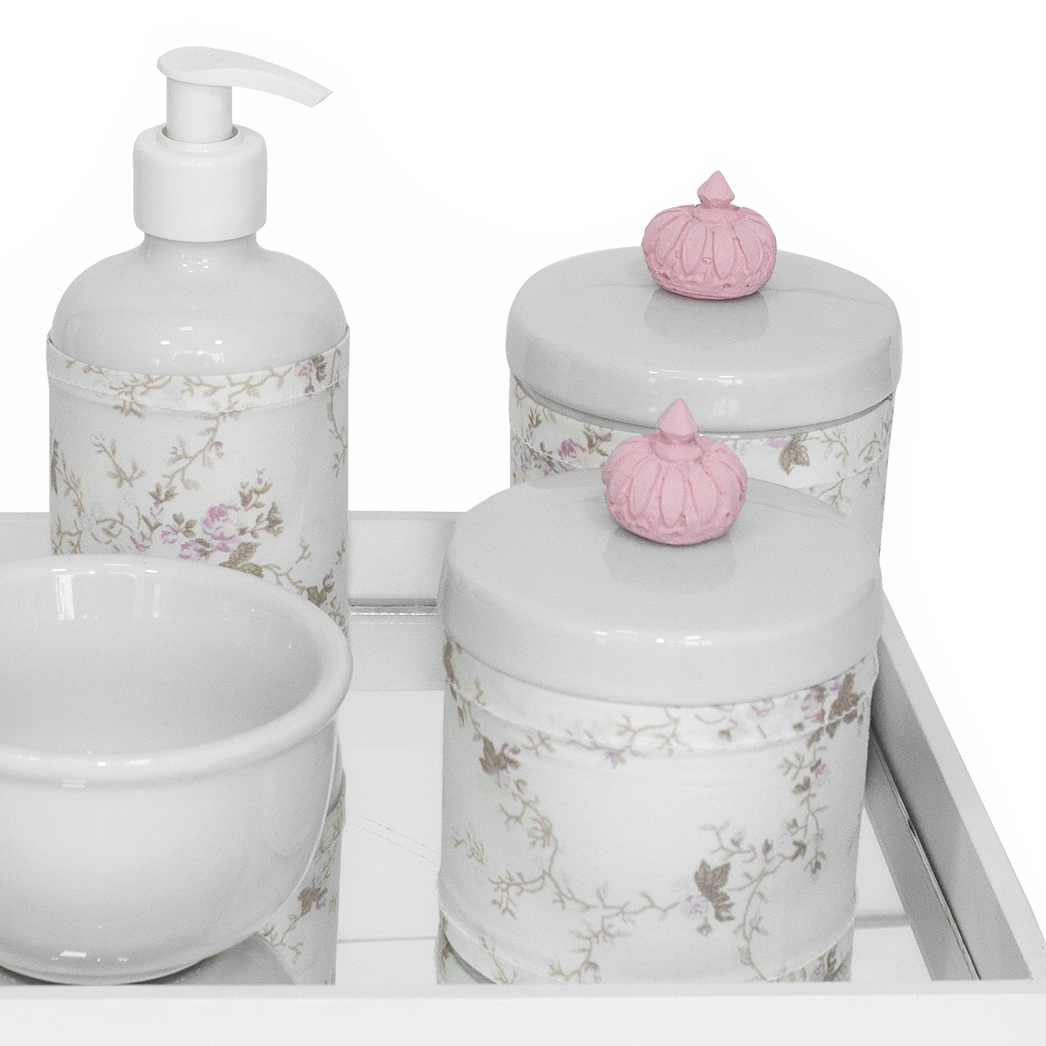 Kit Higiene Espelho Potes, Molhadeira, Porta Álcool-Gel e Capa Coroa Rosa Quarto Bebê Menina