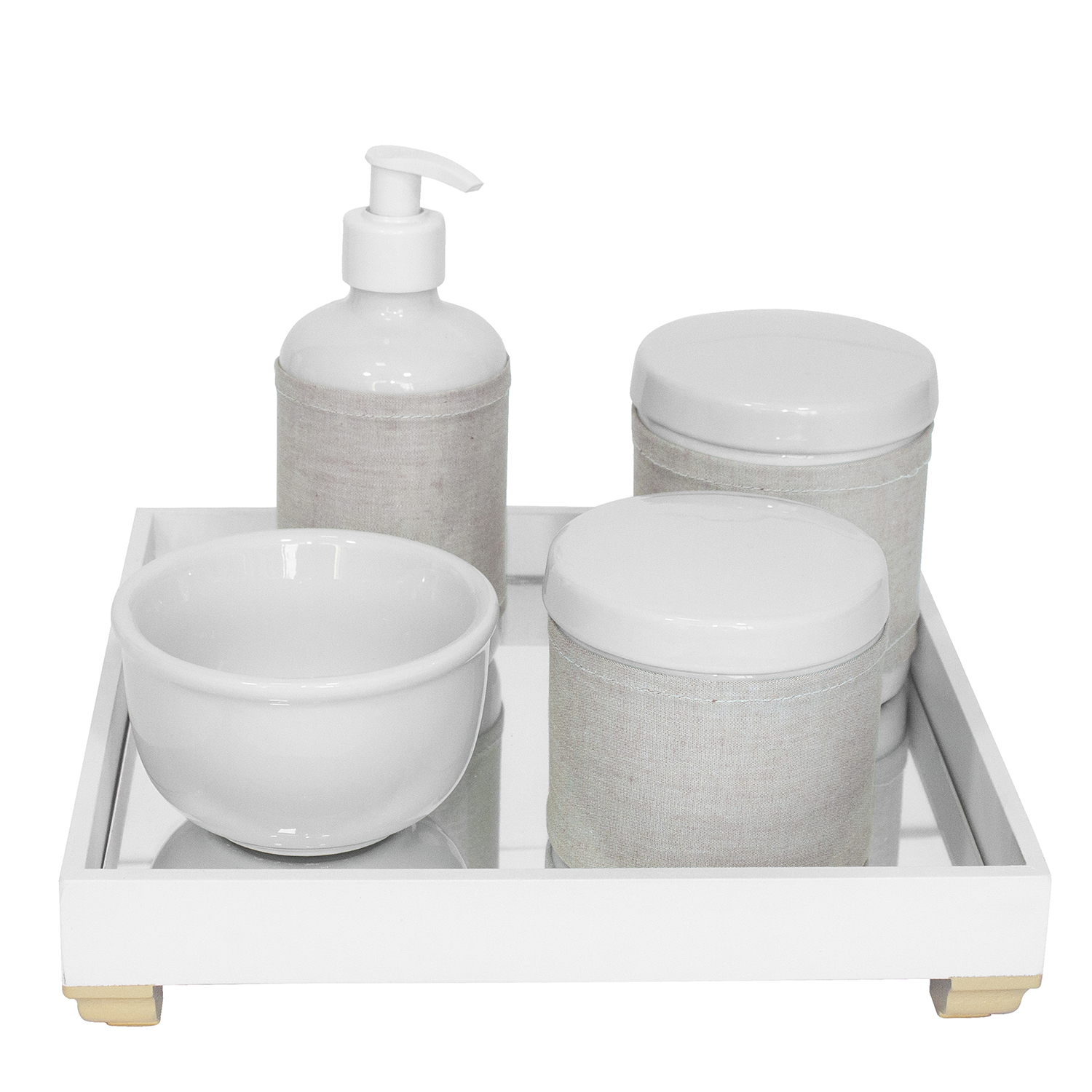 Kit Higiene Espelho Potes, Molhadeira, Porta Álcool-Gel e Capa Dourado Quarto Bebê Unissex