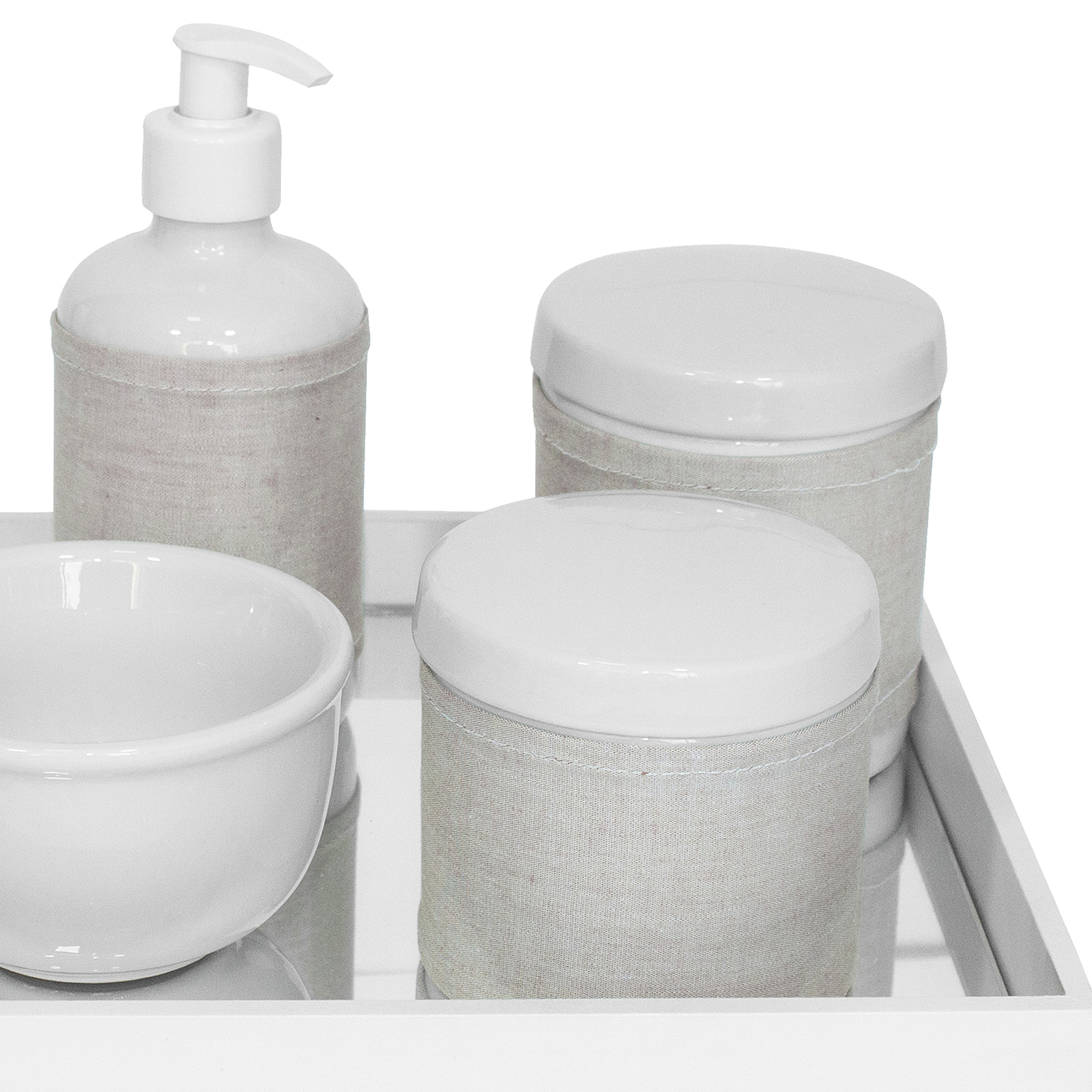 Kit Higiene Espelho Potes, Molhadeira, Porta Álcool-Gel e Capa Dourado Quarto Bebê Unissex