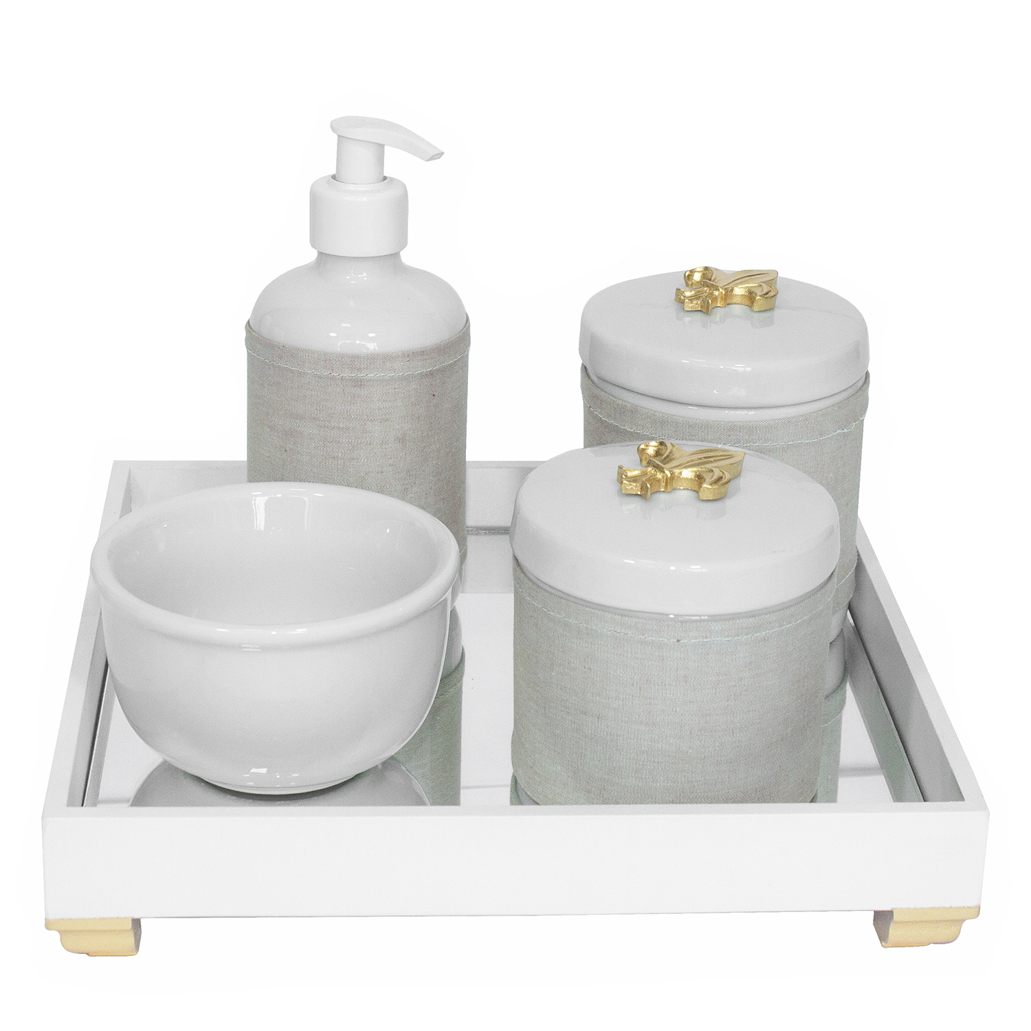 Kit Higiene Espelho Potes, Molhadeira, Porta Álcool-Gel e Capa Flor de Liz Dourado Quarto Bebê Unissex