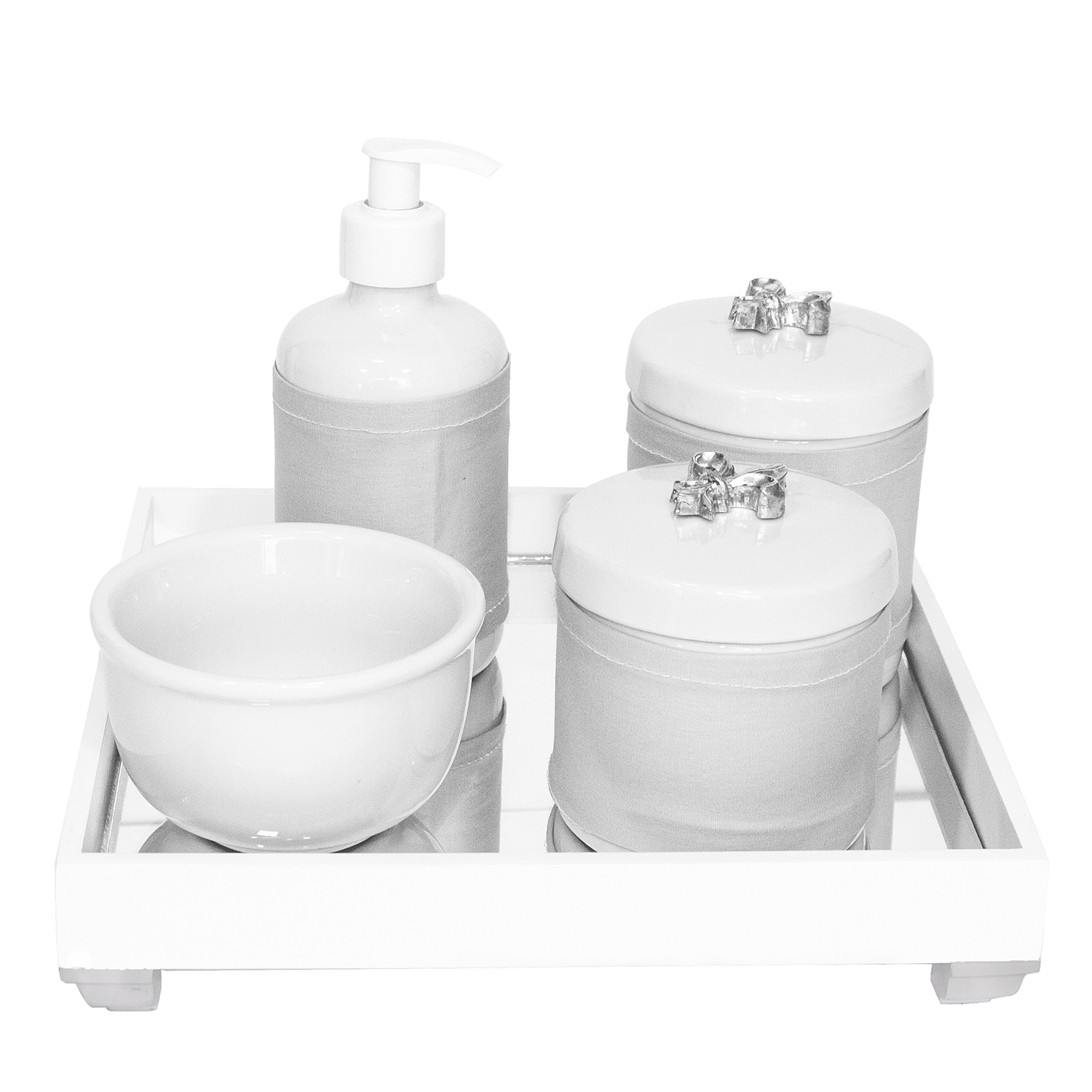 Kit Higiene Espelho Potes, Molhadeira, Porta Álcool-Gel e Capa Flor de Liz Prata Quarto Bebê Unissex