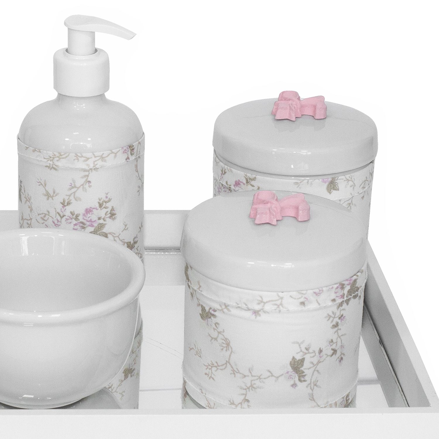Kit Higiene Espelho Potes, Molhadeira, Porta Álcool-Gel e Capa Flor de Liz Rosa Quarto Bebê Menina