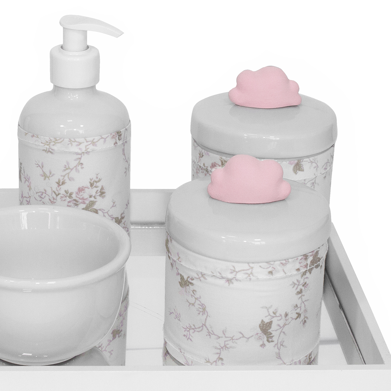 Kit Higiene Espelho Potes, Molhadeira, Porta Álcool-Gel e Capa Nuvem Rosa Quarto Bebê Menina