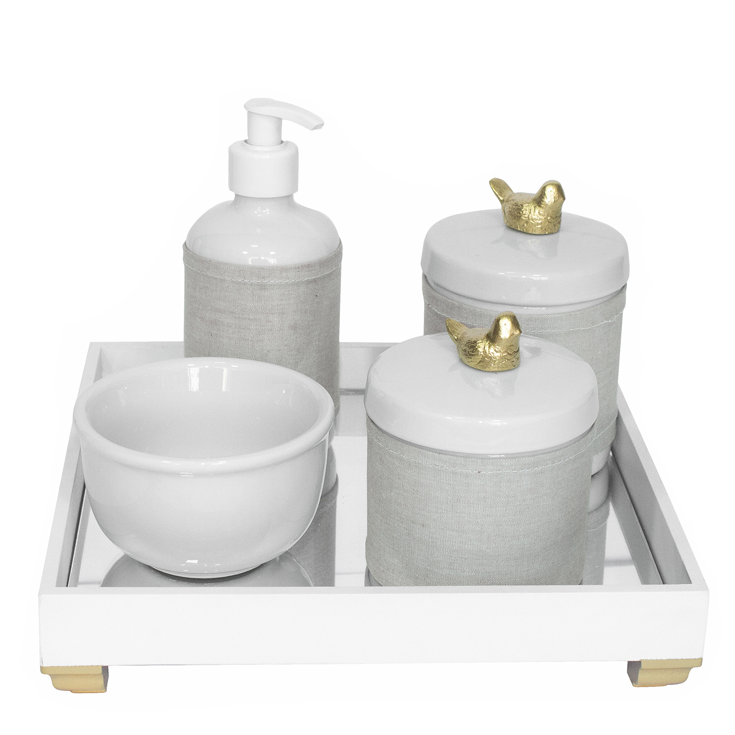 Kit Higiene Espelho Potes, Molhadeira, Porta Álcool-Gel e Capa Passarinho Dourado Quarto Bebê Unissex