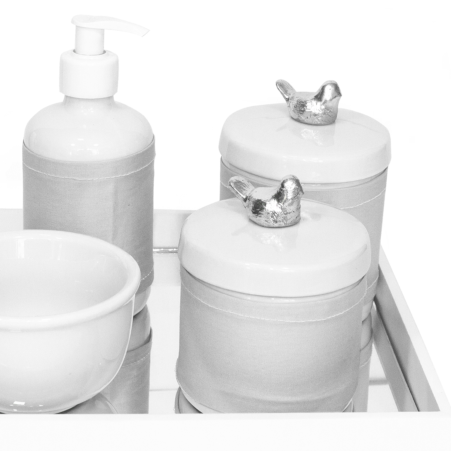 Kit Higiene Espelho Potes, Molhadeira, Porta Álcool-Gel e Capa Passarinho Prata Quarto Bebê Unissex