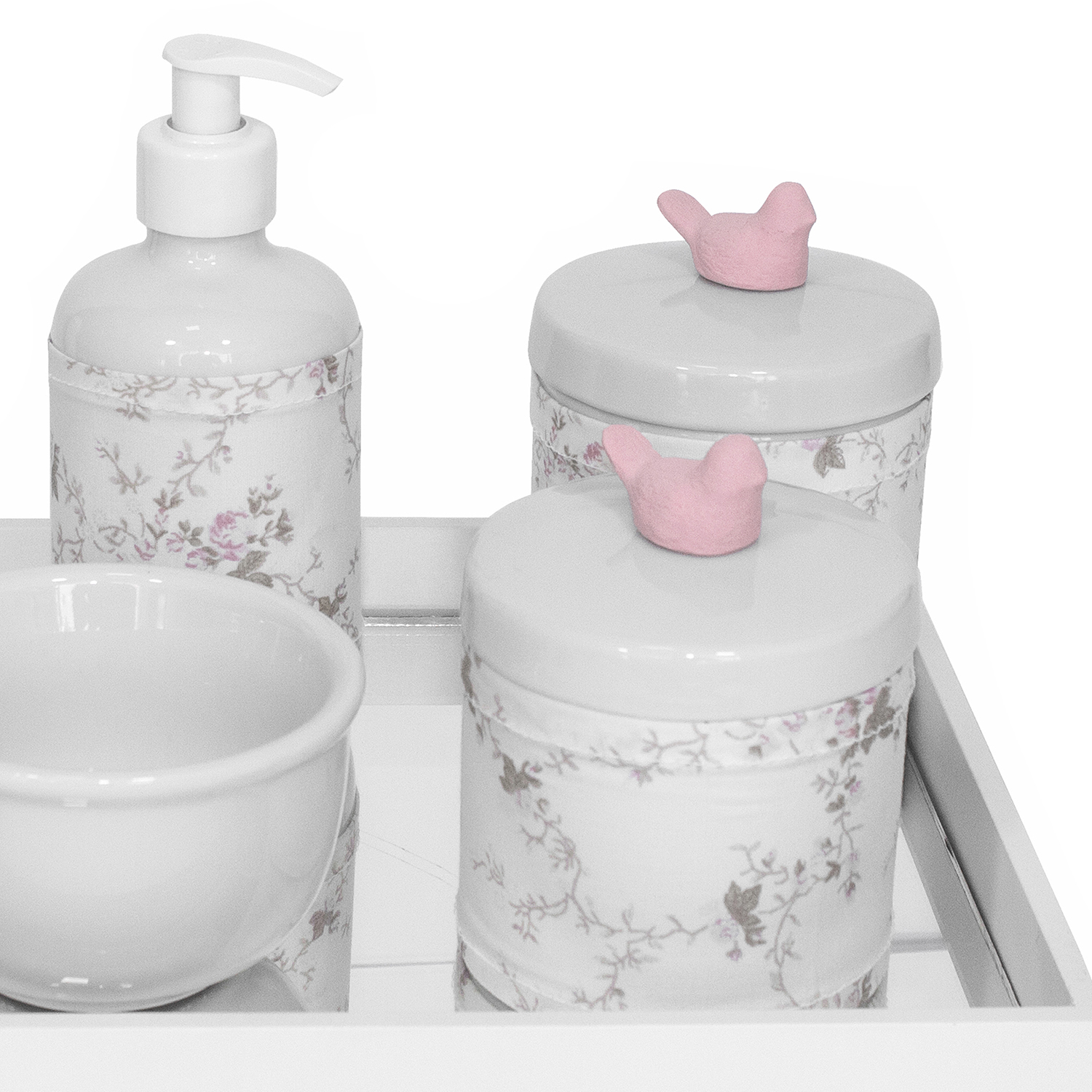 Kit Higiene Espelho Potes, Molhadeira, Porta Álcool-Gel e Capa Passarinho Rosa Quarto Bebê Menina