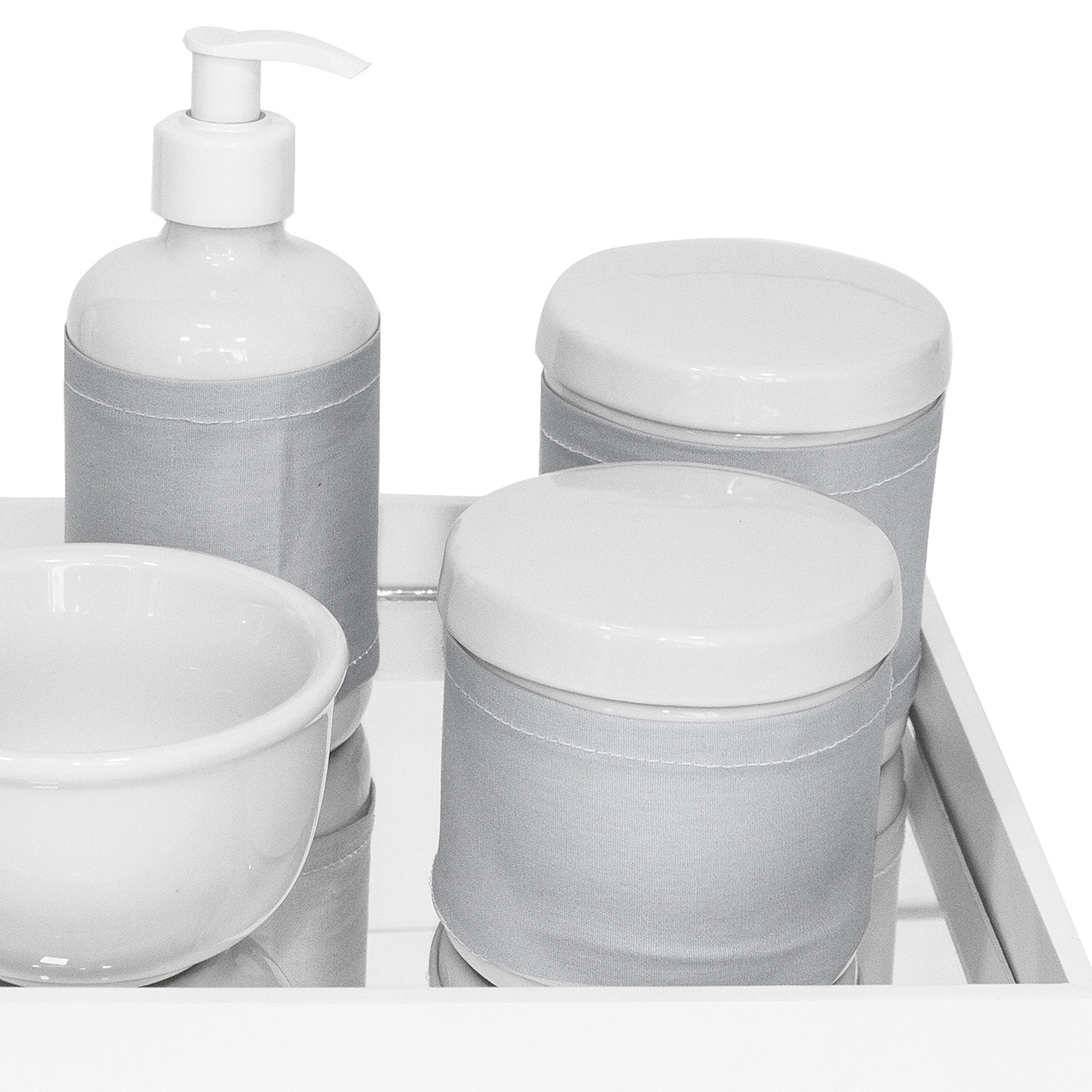 Kit Higiene Espelho Potes, Molhadeira, Porta Álcool-Gel e Capa Prata Quarto Bebê Unissex
