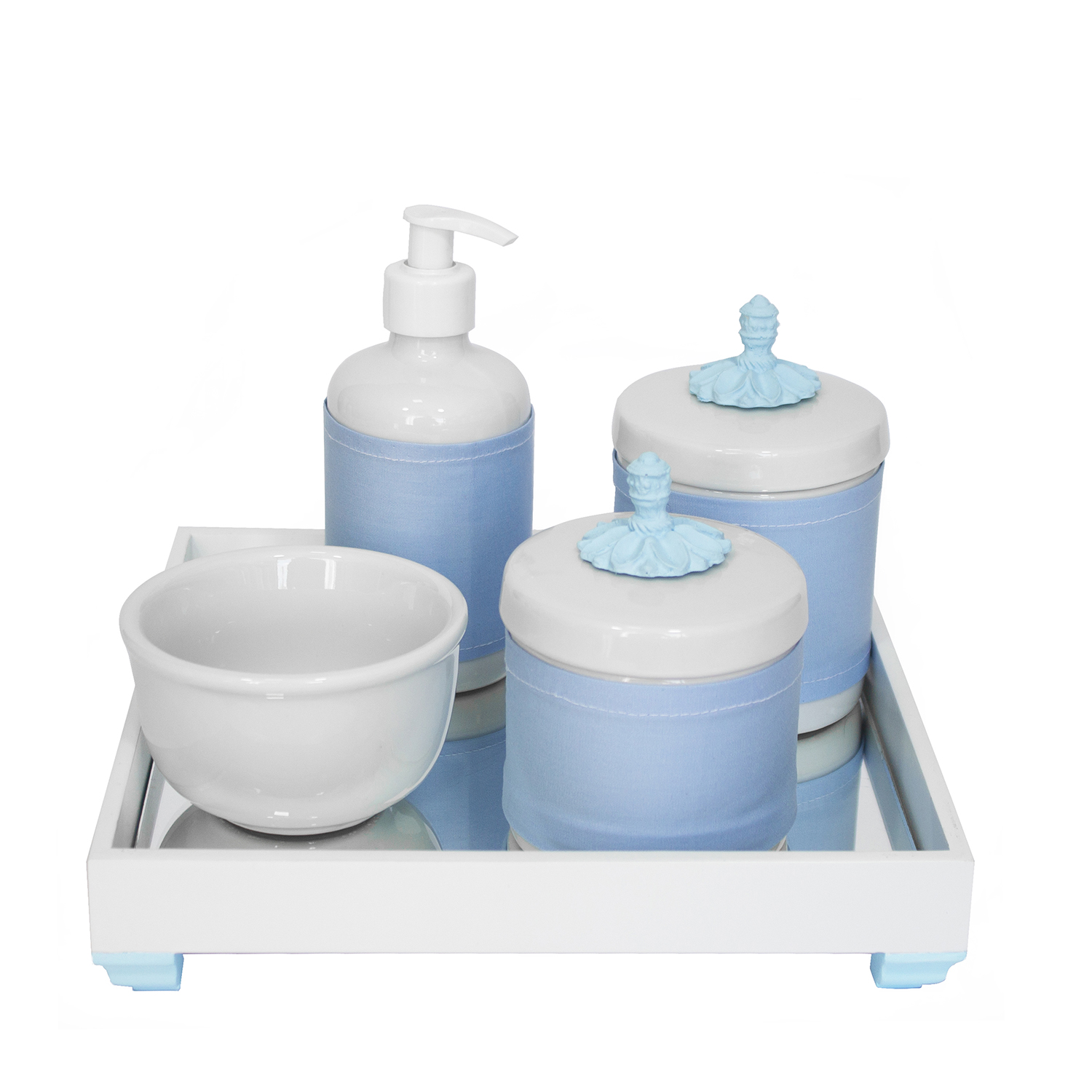 Kit Higiene Espelho Potes, Molhadeira, Porta Álcool-Gel e Capa Provençal Azul Quarto Bebê Menino