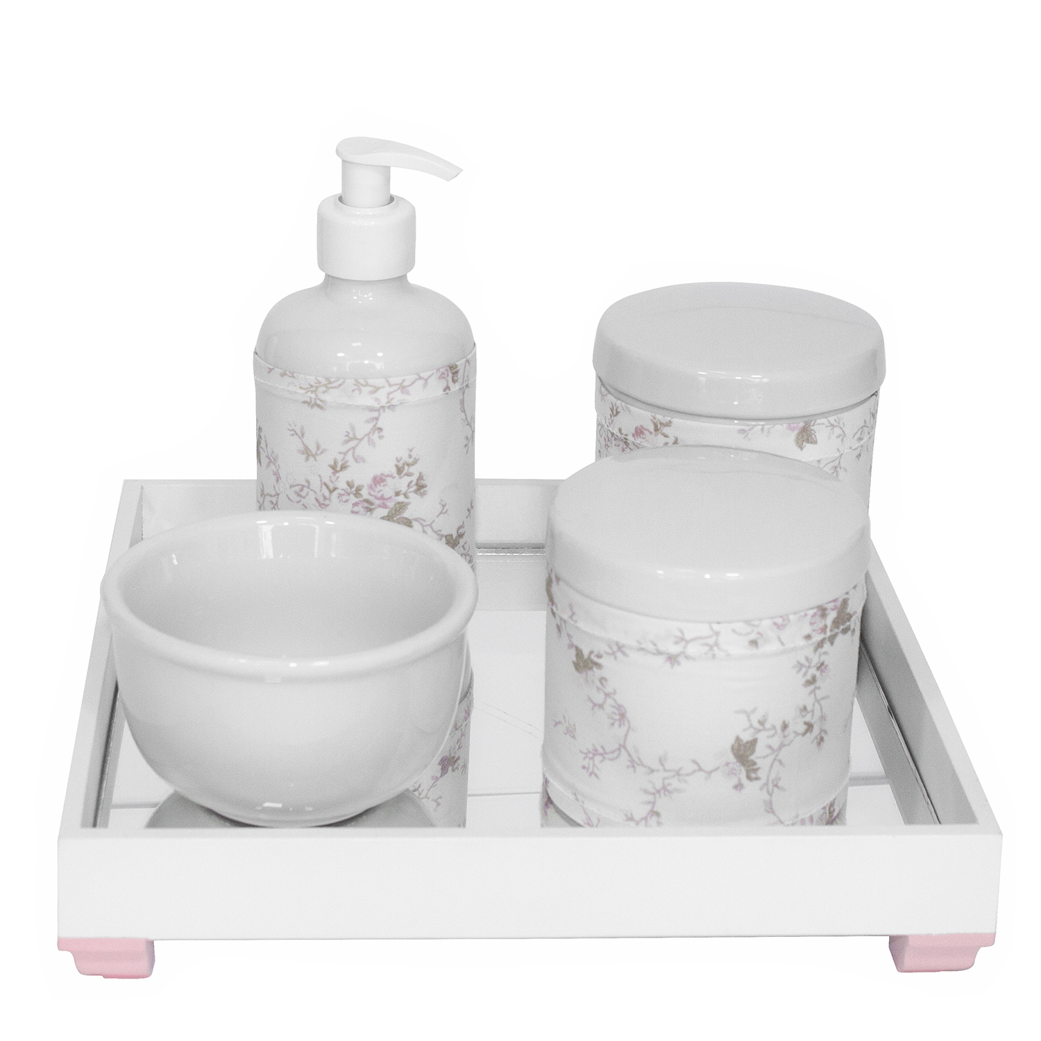 Kit Higiene Espelho Potes, Molhadeira, Porta Álcool-Gel e Capa Rosa Quarto Bebê Menina