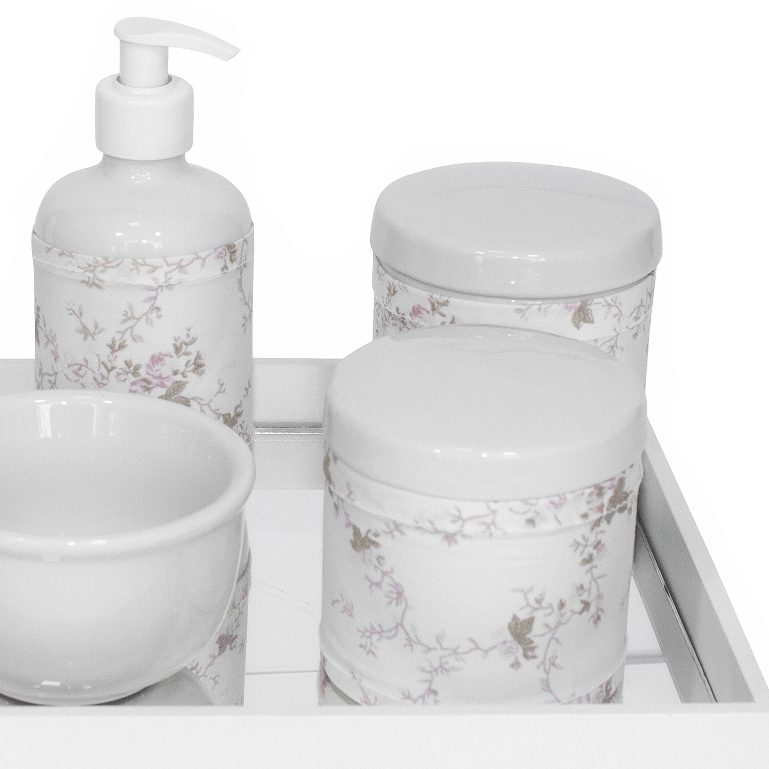 Kit Higiene Espelho Potes, Molhadeira, Porta Álcool-Gel e Capa Rosa Quarto Bebê Menina