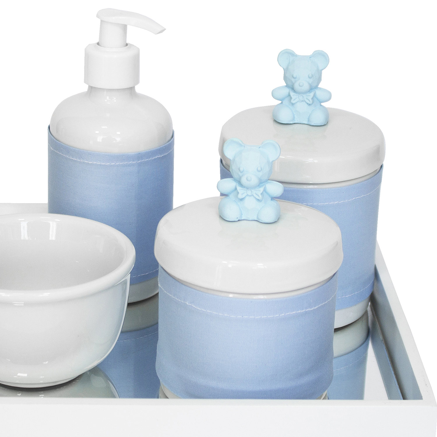 Kit Higiene Espelho Potes, Molhadeira, Porta Álcool-Gel e Capa Ursinho Azul Quarto Bebê Menino