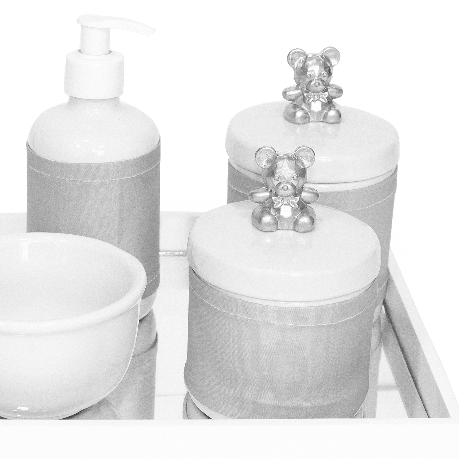 Kit Higiene Espelho Potes, Molhadeira, Porta Álcool-Gel e Capa Ursinho Prata Quarto Bebê Unissex