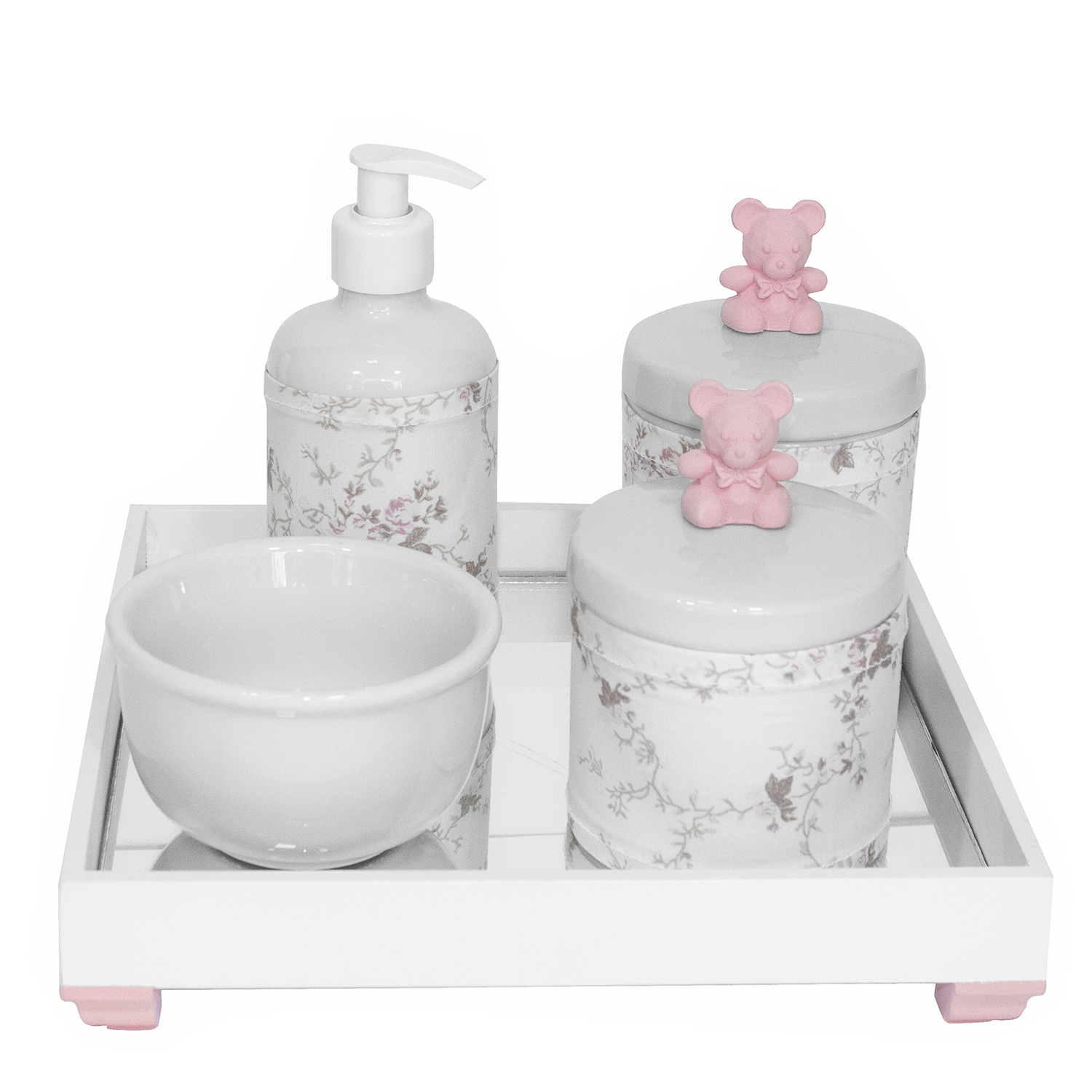 Kit Higiene Espelho Potes, Molhadeira, Porta Álcool-Gel e Capa Ursinho Rosa Quarto Bebê Menina