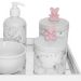 Kit Higiene Espelho Potes, Molhadeira, Porta Álcool-Gel e Capa Ursinho Rosa Quarto Bebê Menina