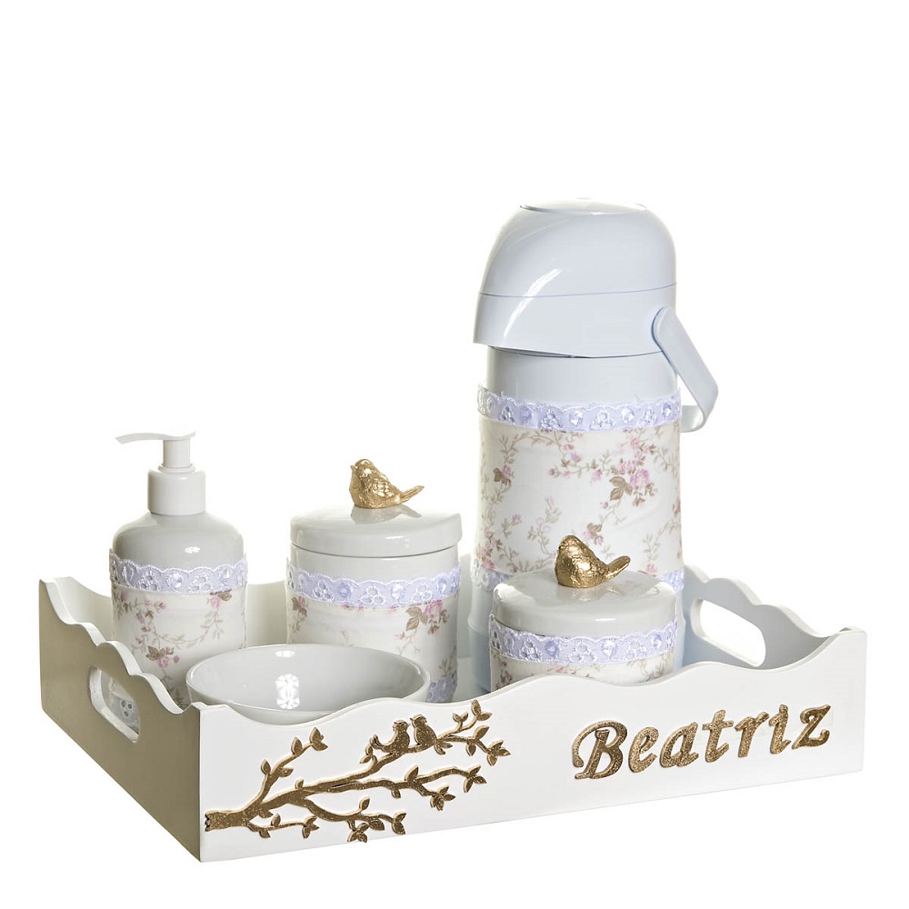 Kit Higiene Pássaros Com 6 Peças, Capa e Nome Do Bebê Quarto Bebê