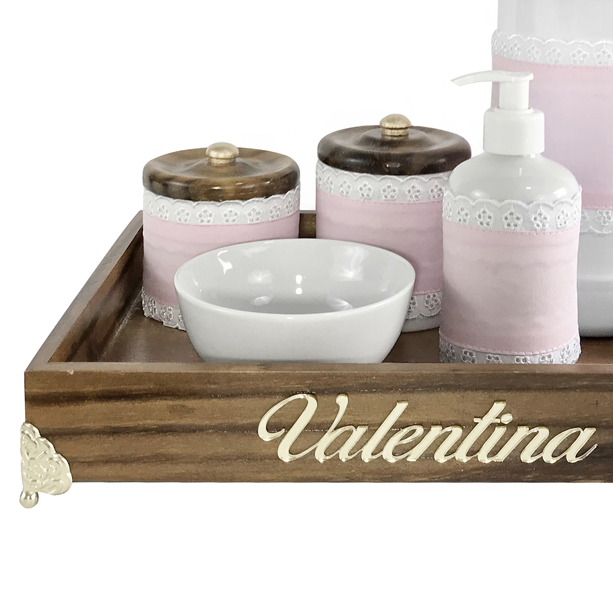 Kit Higiene Proveçal Dourado Com Nome Rosa Quarto Bebê Infantil Menina