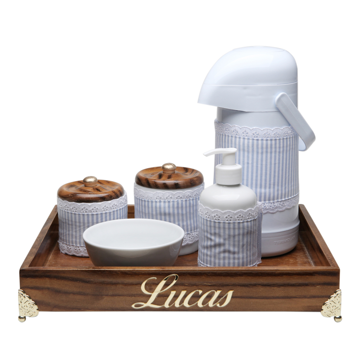 Kit Higiene Provençal Dourado Com Nome Azul Quarto Bebê Infantil Menino
