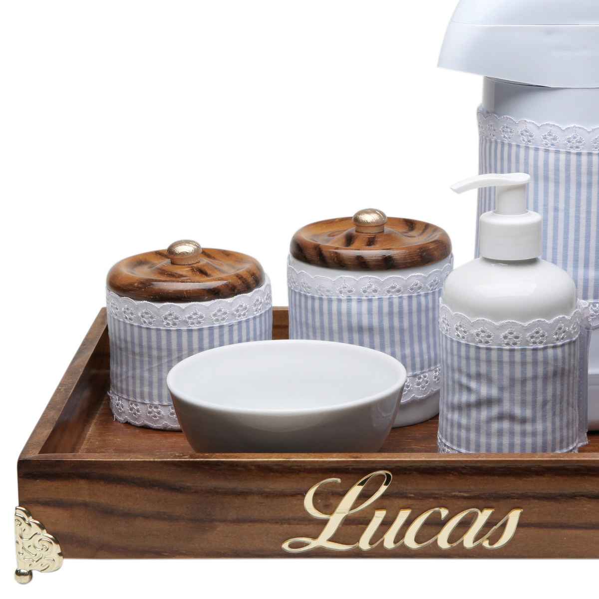 Kit Higiene Provençal Dourado Com Nome Azul Quarto Bebê Infantil Menino