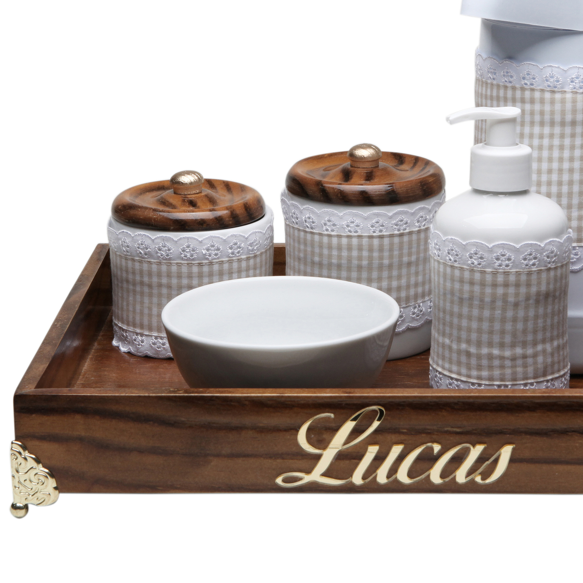 Kit Higiene Provençal Dourado Com Nome Bege Quarto Bebê Infantil Menino