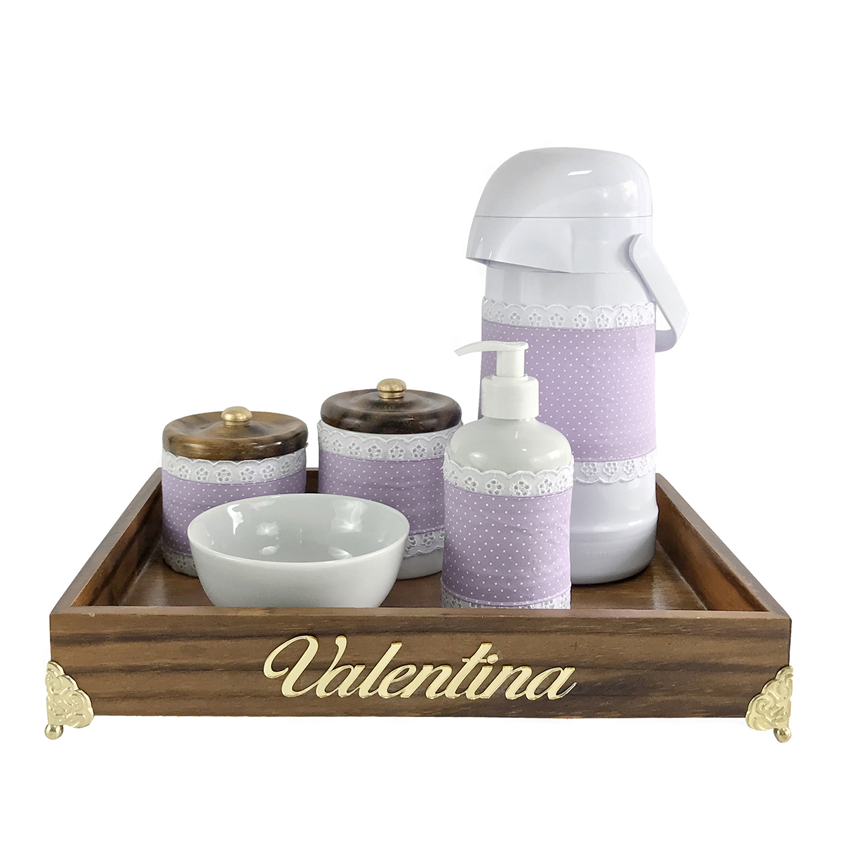 Kit Higiene Provençal Dourado Com Nome Lilás Quarto Bebê Infantil Menina