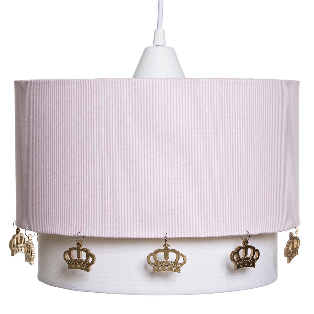 Lustre Tubular Duplo Rosa Com Coroas Douradas Quarto Bebê Infantil