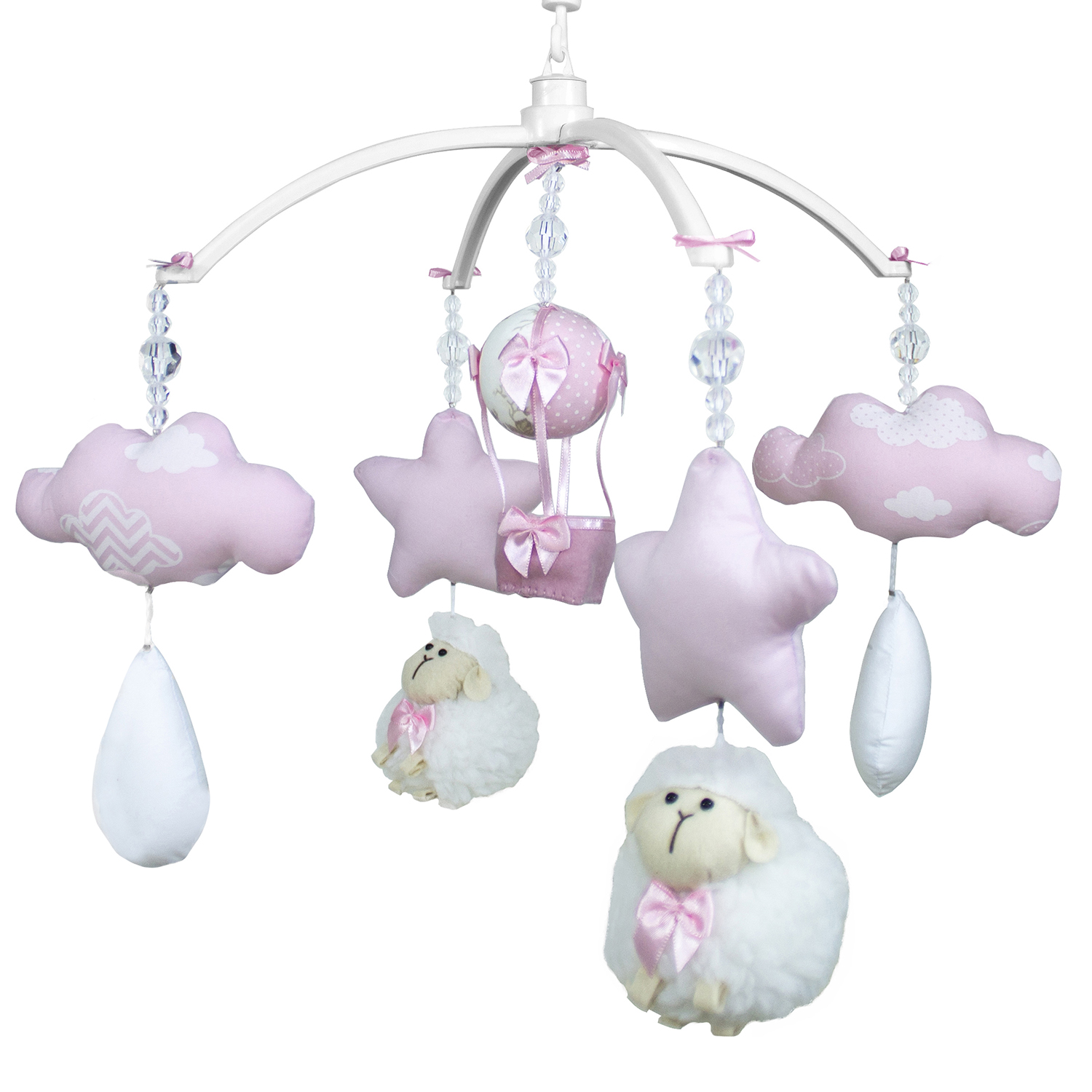 Móbile Musical Ovelha, Nuvens e Balão Rosa Quarto Bebê Infantil Menina