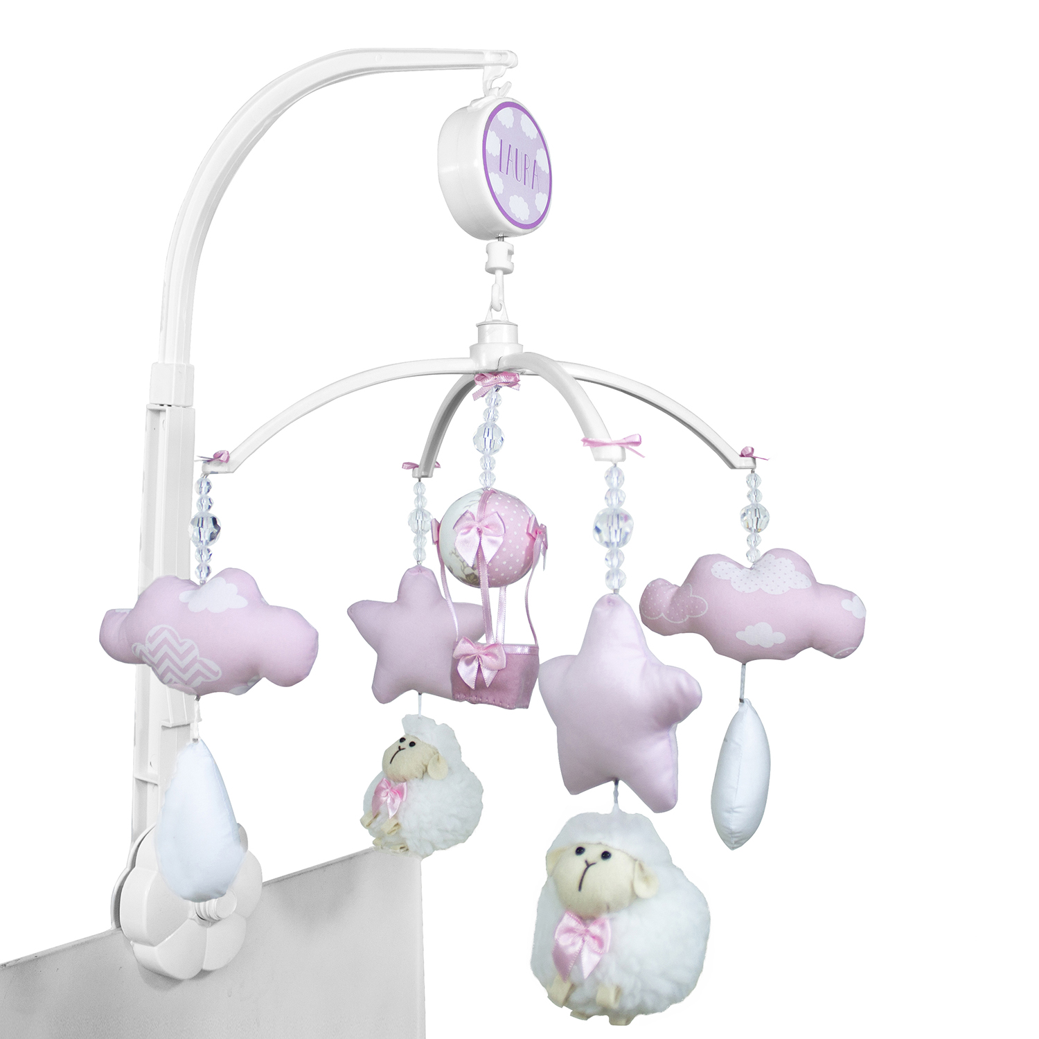 Móbile Musical Ovelha, Nuvens e Balão Rosa Quarto Bebê Infantil Menina