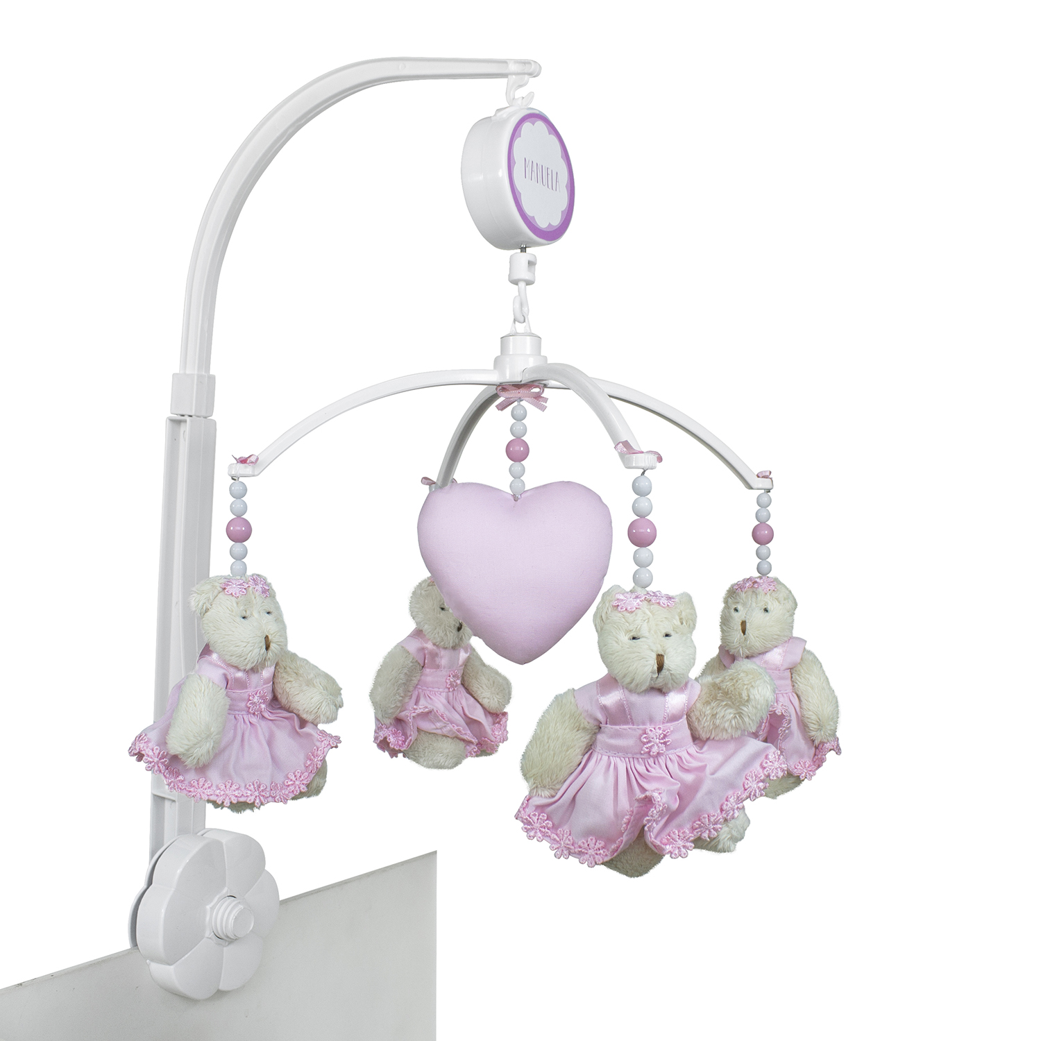 Móbile Musical Ursinha Flores Rosa e Coração Quarto Bebê Infantil Menina