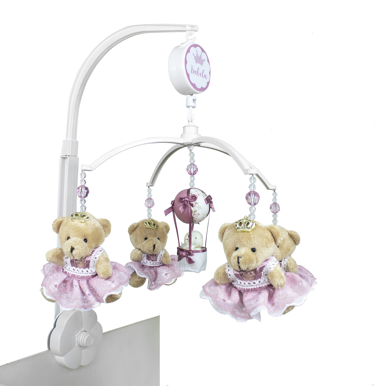 Móbile Musical Ursinha Princesa e Balão Rosê Quarto Bebê Infantil Menina