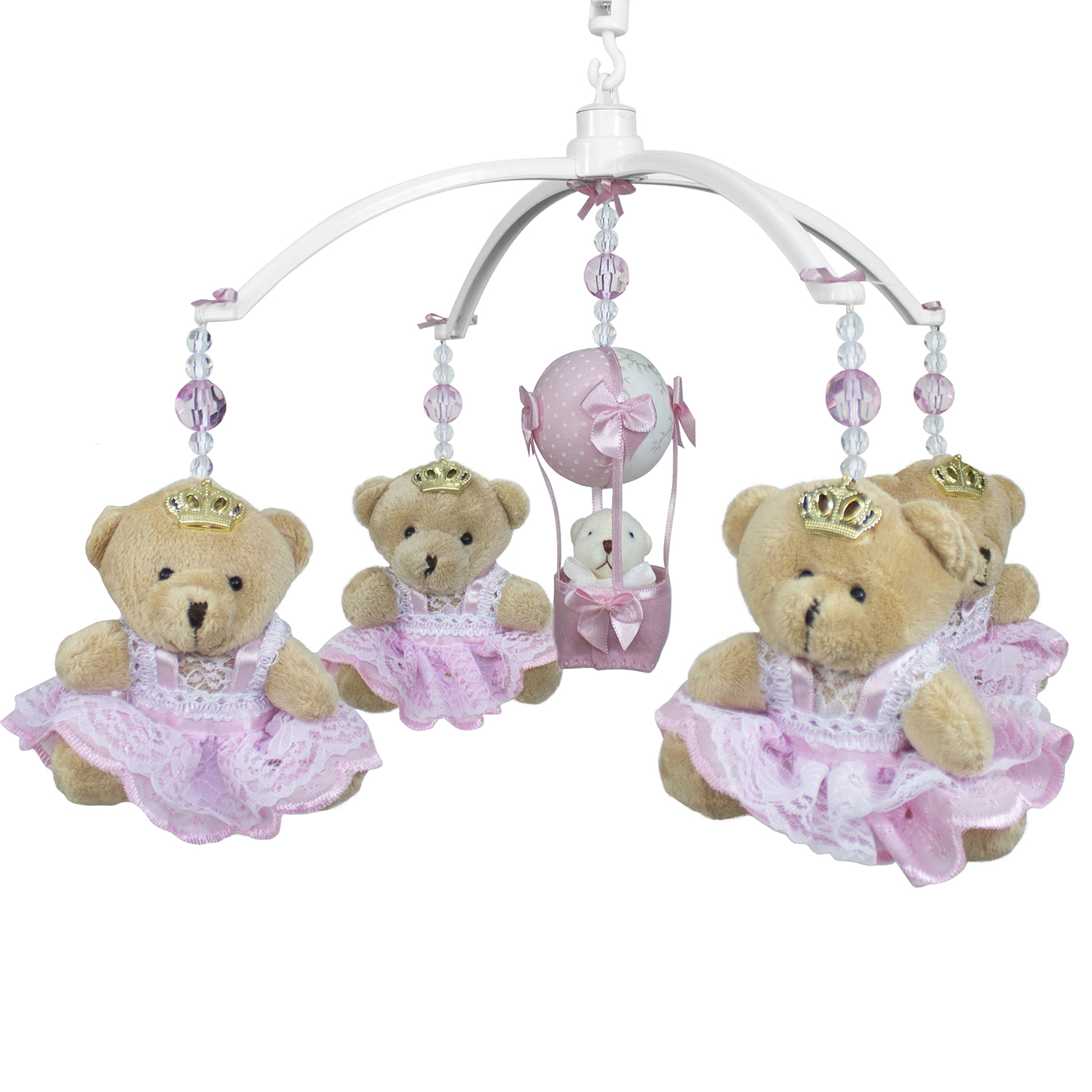 Móbile Musical Ursinha Princesa e Balão Rosa Quarto Bebê Infantil Menina