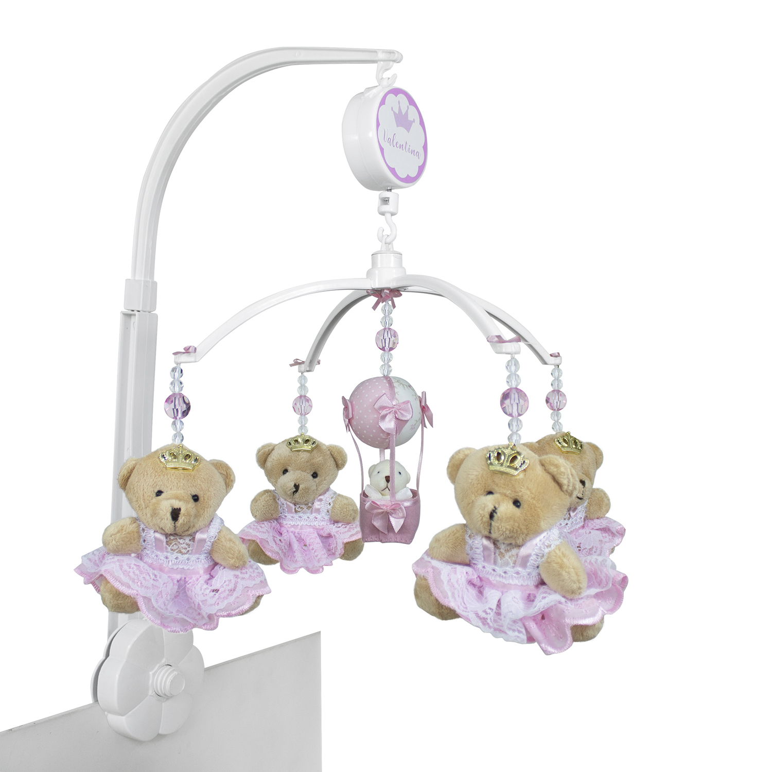Móbile Musical Ursinha Princesa e Balão Rosa Quarto Bebê Infantil Menina